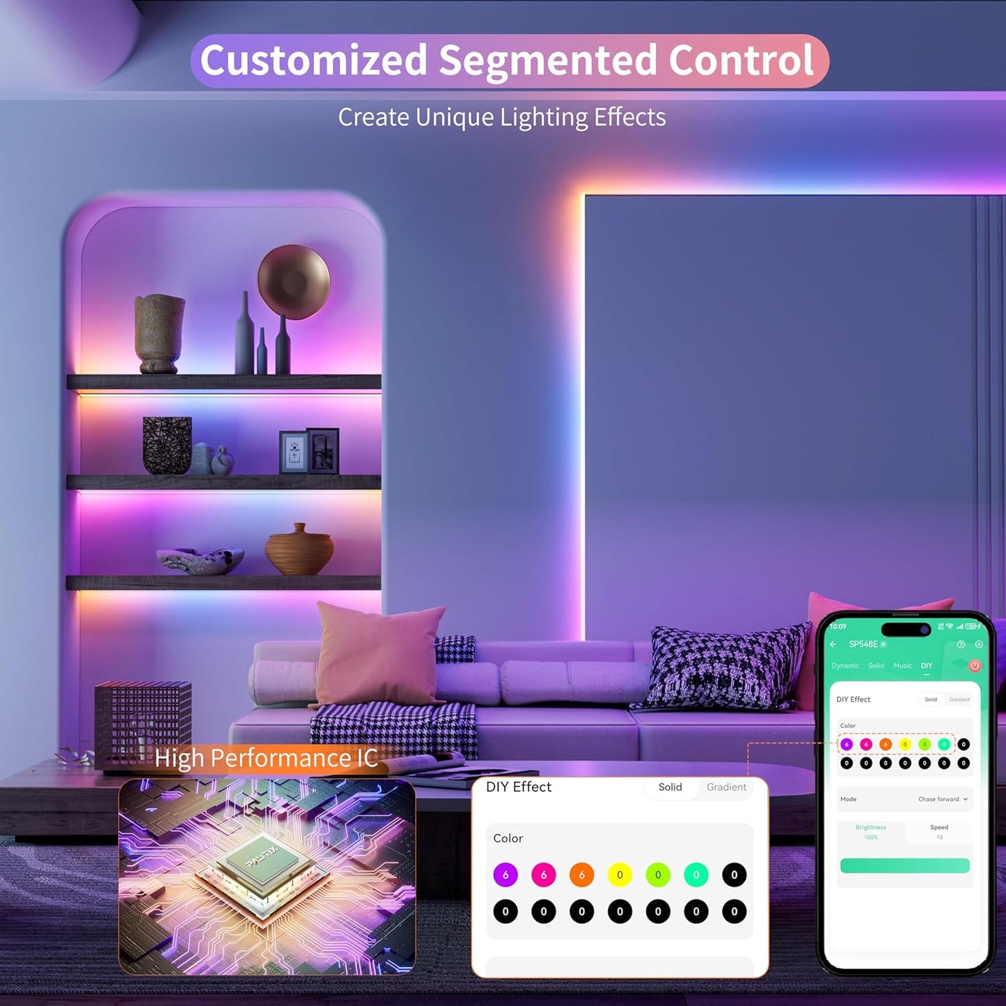 PAUTIX RGB Smart IC COB LED Strip Lights,Work with Alexa/Google Assistant,20ft/6.1m Addressable UL-Listed 24V Chasing Color Flexible Tape Light Multicolor,for Cabinet,TV,Bedroom,Party DIY Decoration