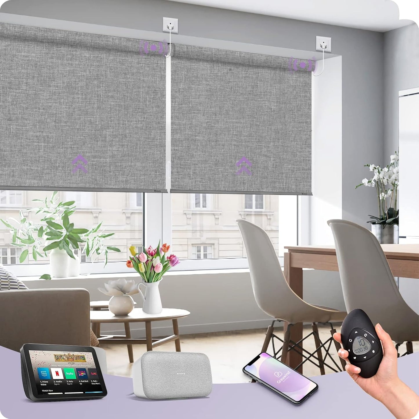 Graywind Motorized Shades 100% Blackout Compatible with Alexa Google WiFi Smart Hardwired Window Shade Remote Control Thermal Insulated Electric Blinds, Customized Size (Light Gray)