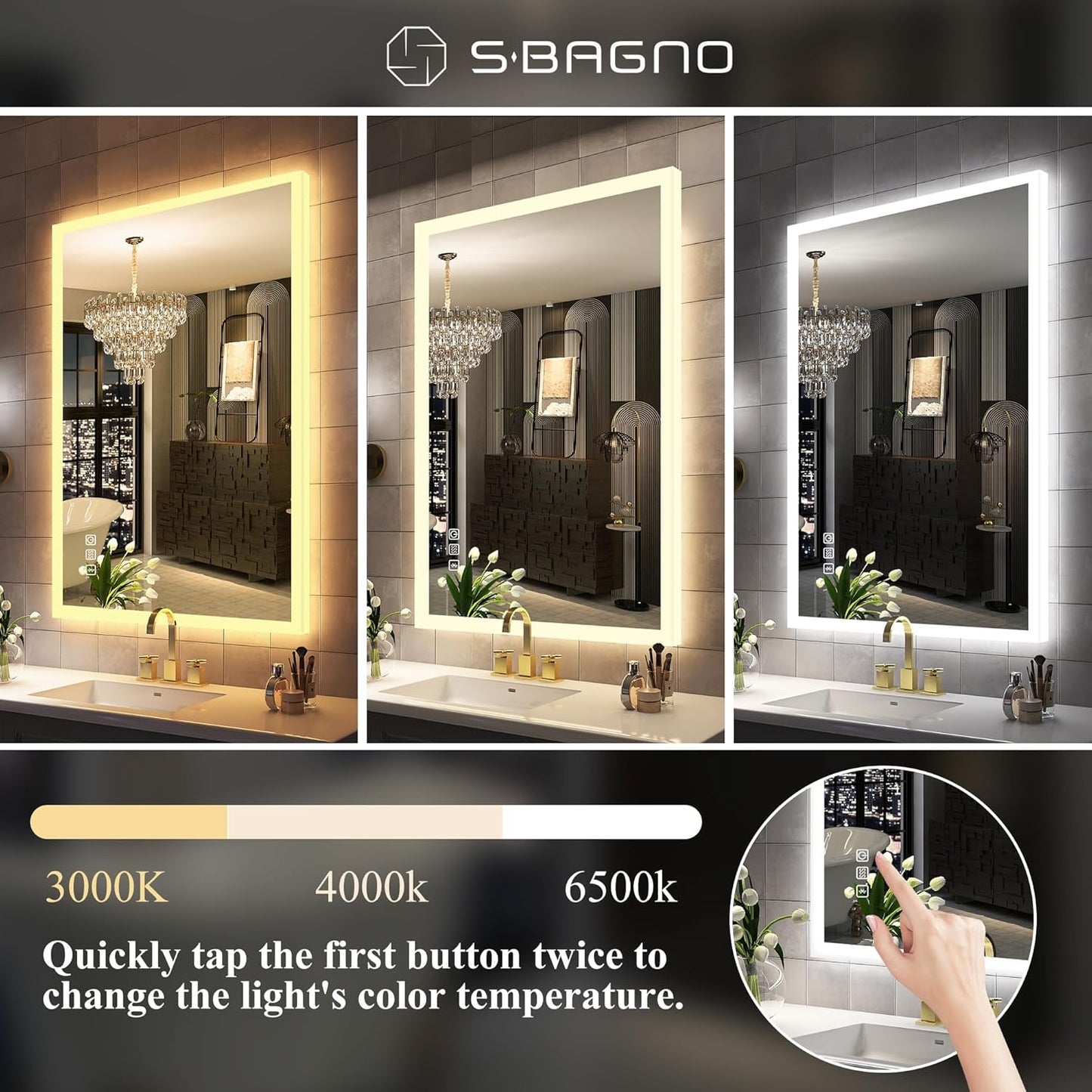 S·BAGNO LED Bathroom Mirror with Lights, 48''x28'' 3D Border Bathroom Vanity Wall Mirror with Bluetooth, Anti-Fog, Stepless Dimming, 3 Colors, Tempered Glass Lighted Vanity Mirror for Bathroom