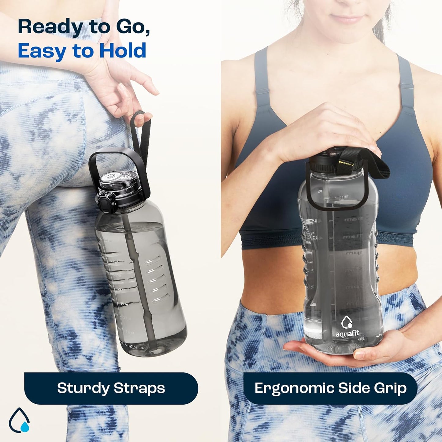 AQUAFIT 64 oz Water Bottle with Time Marker - 2in1 Straw & Chug Lid - BPA Free Big Water Bottle with Straw - Gym Water Bottle with Strap - Water Jug (64 Ounces, Blue)