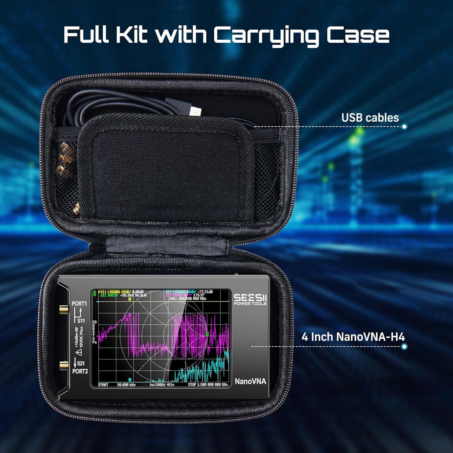 SEESII NanoVNA-H4 Vector Network Analyzer V4.4 9KHz-1.5GHz with 4" Touch Screen and EVA Hard Shell Protective Storage Case for Antenna Analyzer, Waterproof Shockproof with Carry Strap
