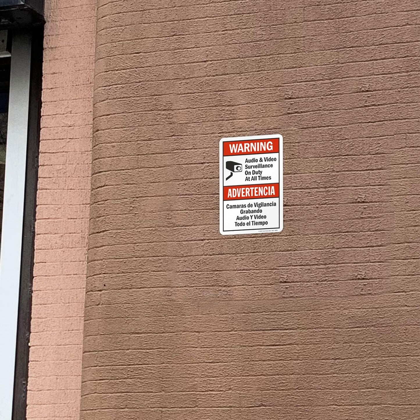 SmartSign 10 x 7 inch “Warning - Audio & Video Surveillance On Duty At All Times” Bilingual Sticker Label, 3 mil Laminated Adhesive Polyester, Red, Black and White, Made in USA