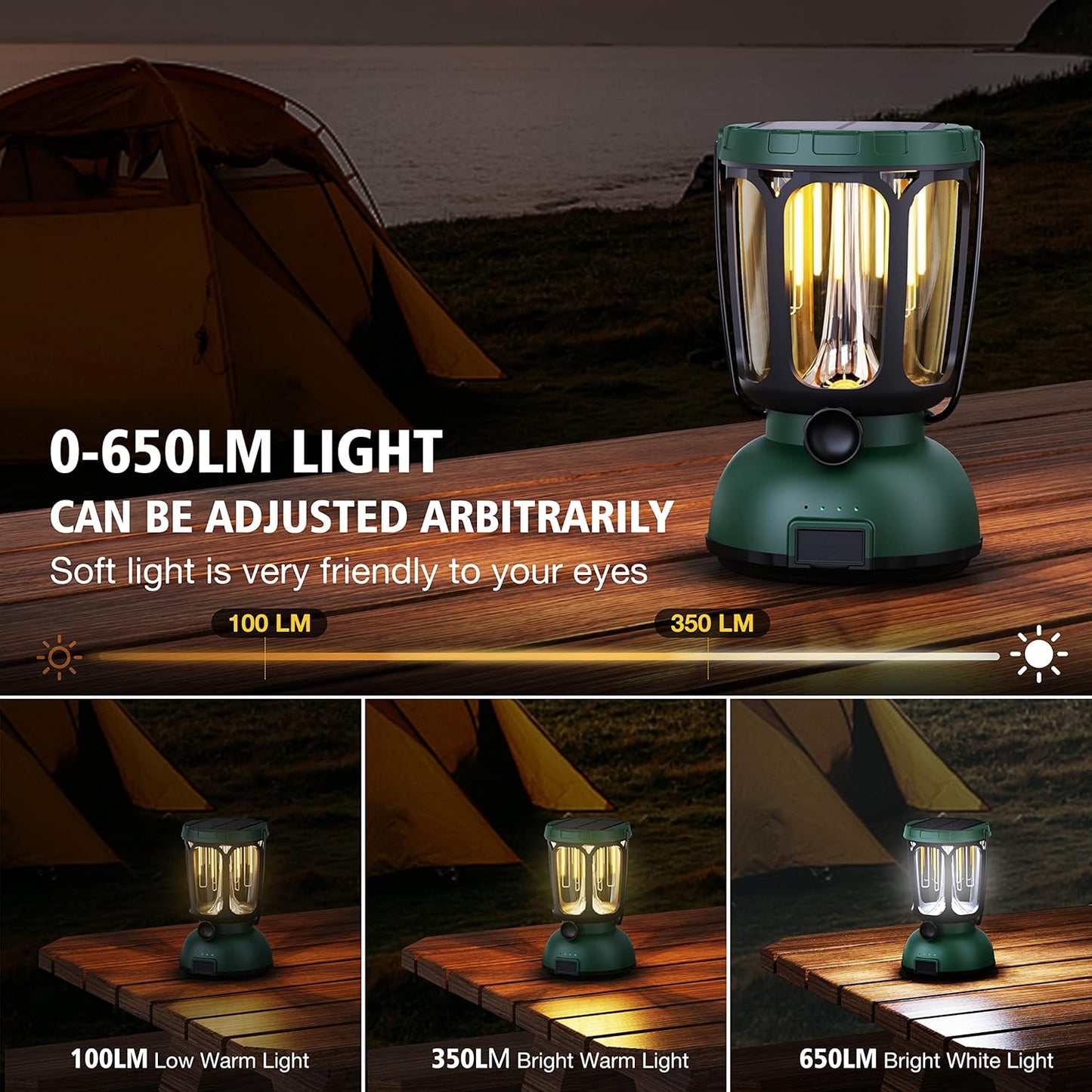 Raynic 6000 LED Camping Lantern, 650LM Hand Crank Solar Battery Powered Rechargeable Lantern, Emergency Lights for Home Power Failure, Hurricane, USB Cable Included