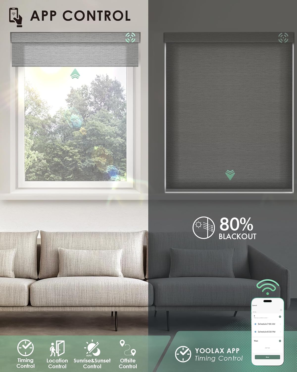 Yoolax Motorized Blinds with Remote, Room Darkening Smart Blinds Work with Alexa Google Home, Automatic Roller Shades for Indoor Windows Living Room, Custom Size (Shiny Grey)