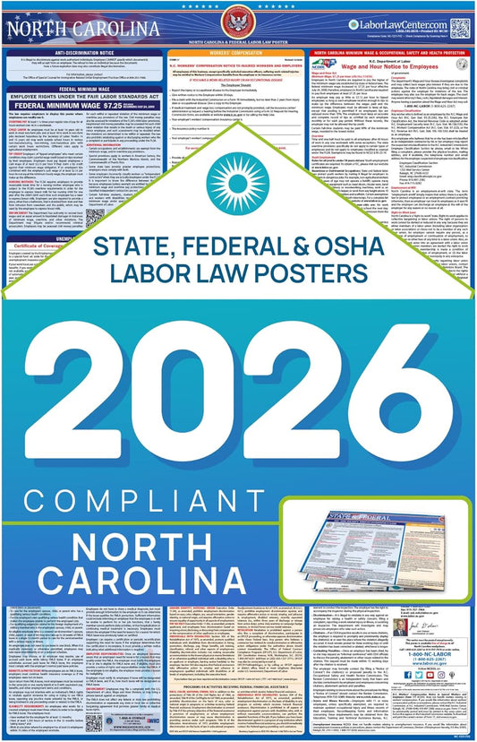 North Carolina 2026 Labor Law Poster – State & Federal Employment Compliance – OSHA, EEOC, FMLA, Minimum Wage– Premium Paper Workplace Poster – Folded & Unlaminated – Envelope Packed – 26” x 39.5”