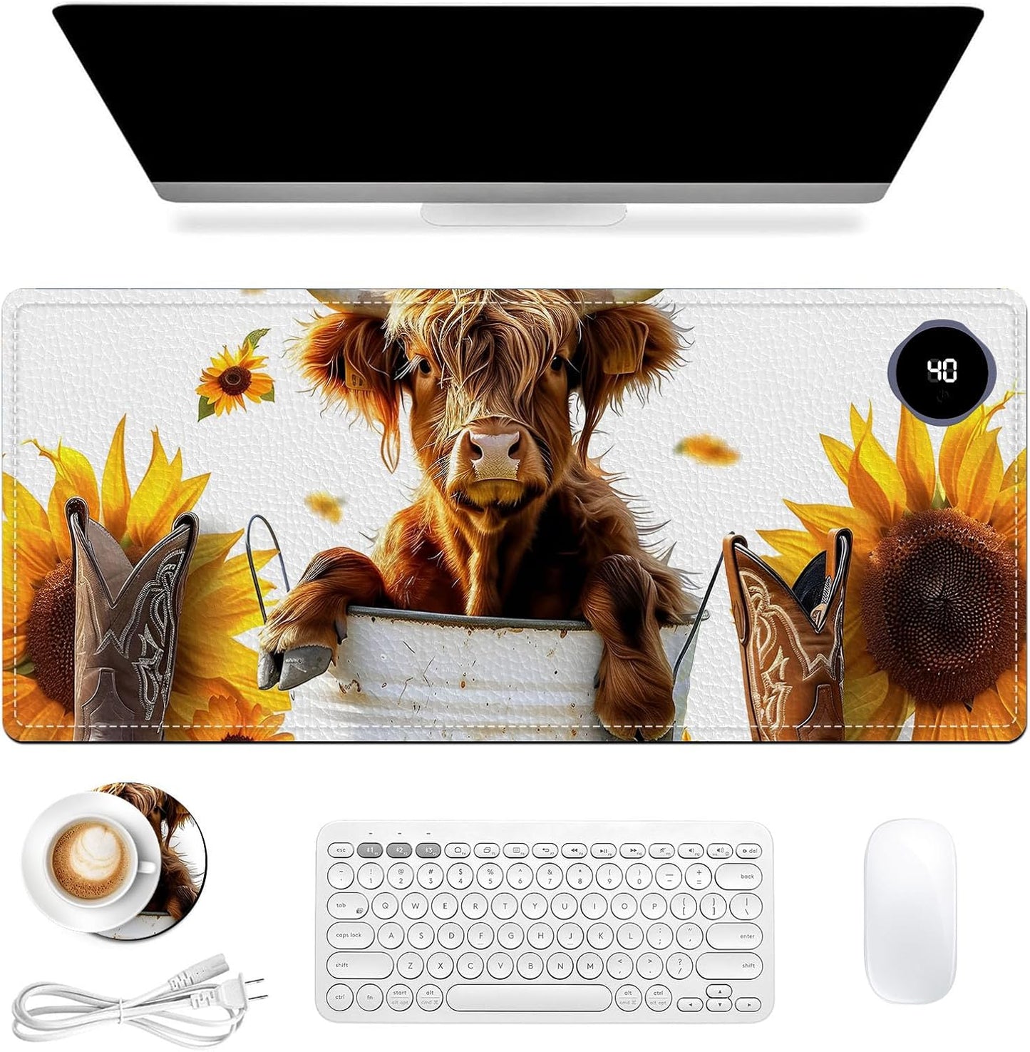 Heated Mouse Pad, Warm Desk Pad, Keyboard Mat 31.5 x 13 Inch Large Size Intelligent Fast Heating, 3 Speed Adjustable, Timed Auto Power Off for Game Office Home,Sunflower Highland Cattle
