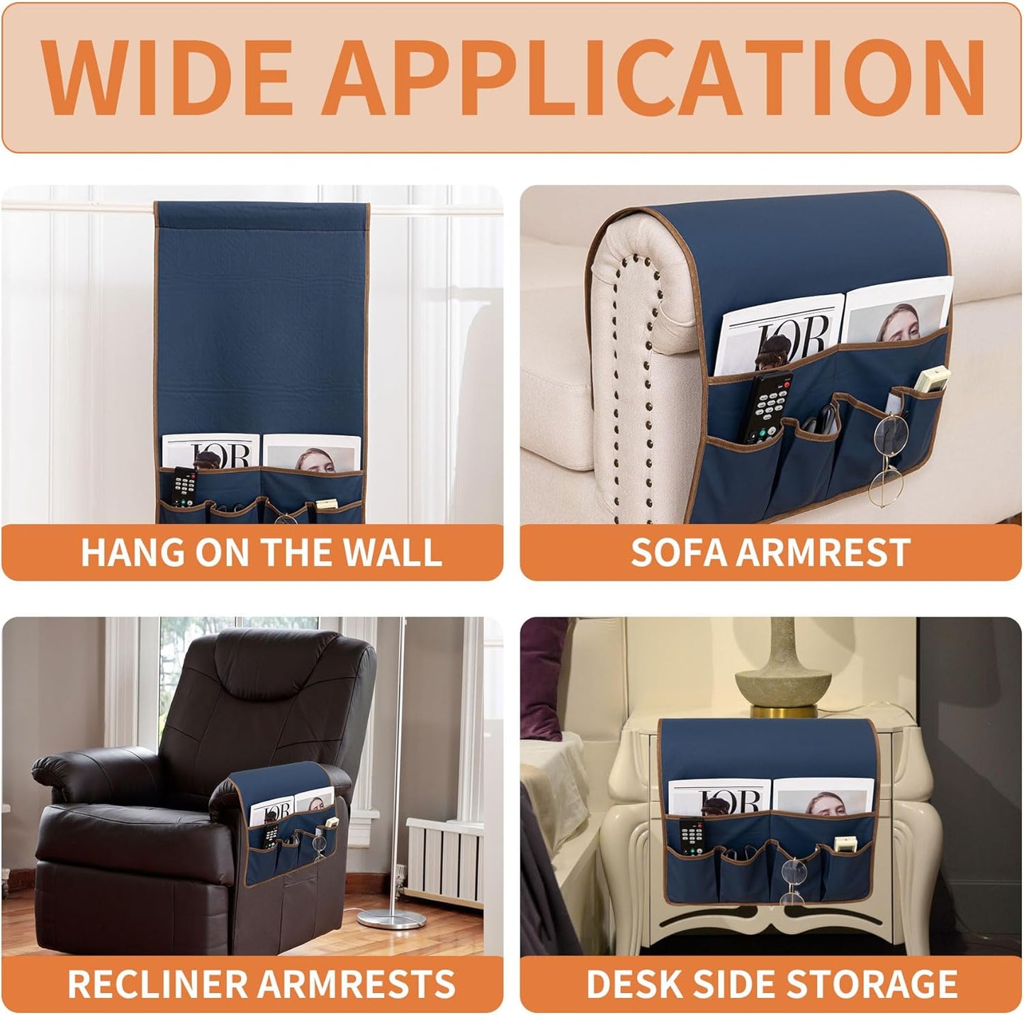 HAOMAIJIA Anti Slip Sofa Armrest Organizer Arm Chair Bedside Caddy Storage Organizer For Recliner Couch With 6 Pockets For Cell Phone Tv Remote Control (Navy Blue, 31.89 inches × 18.5 inches)