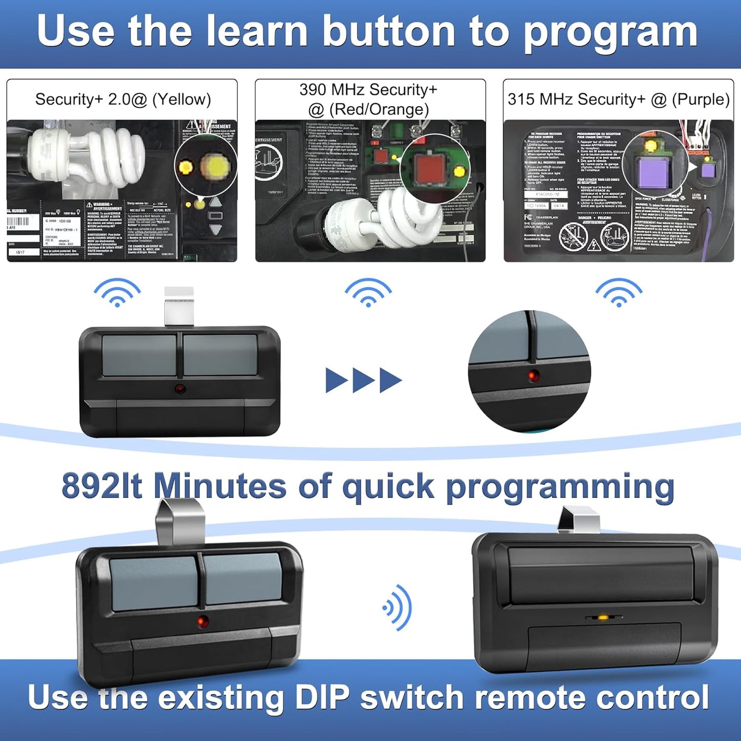 Upgrade 892lT Garage Door Opener Remote for Liftmaster, 2-Button Security+ 2.0 Learning Remote Control Replaces 972lM 372lM 62lM,Works with Chamberlain Craftsman Dip Switch, Etc. 2pack