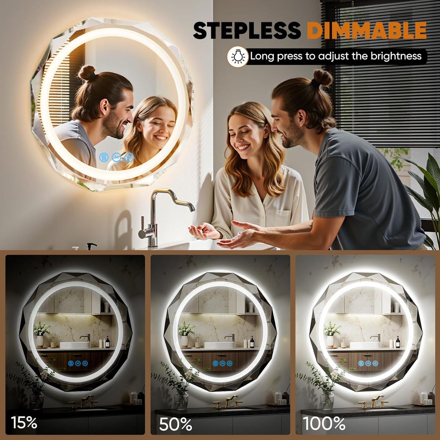 24 Inch Round LED Bathroom Mirror with Lights, Frameless Vanity LED Mirror for Bathroom with Beveled Edge, Backlit Anti-Fog, Dimmable, 3 Colors, Memory Function, Tempered Glass, Shatter-Proof