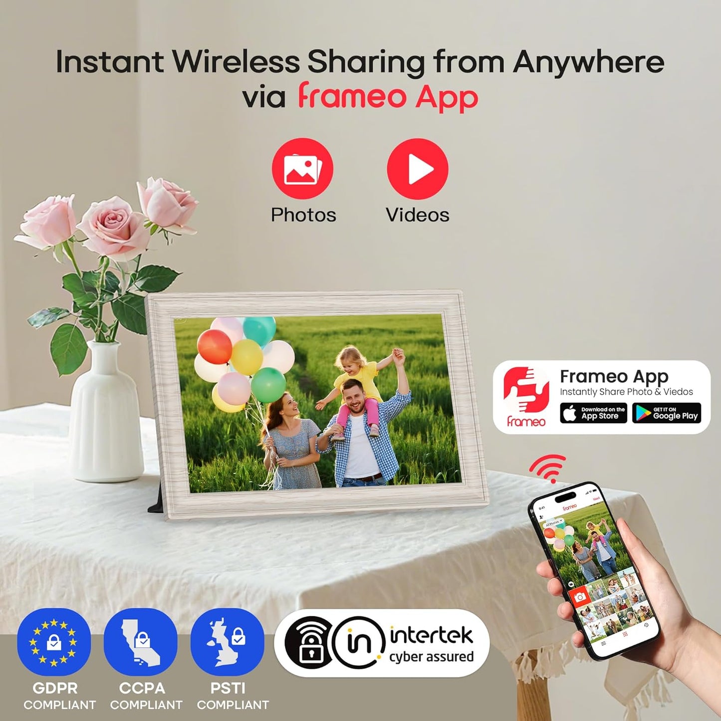 Frameo 10.1" WiFi Digital Picture Frame with 32GB Memory, 1280 x 800 IPS HD Touch Screen Electronic Photo Frame, Auto-Rotate, Slideshow, Share Photos/Video Remotely Anywhere White Wood Grain