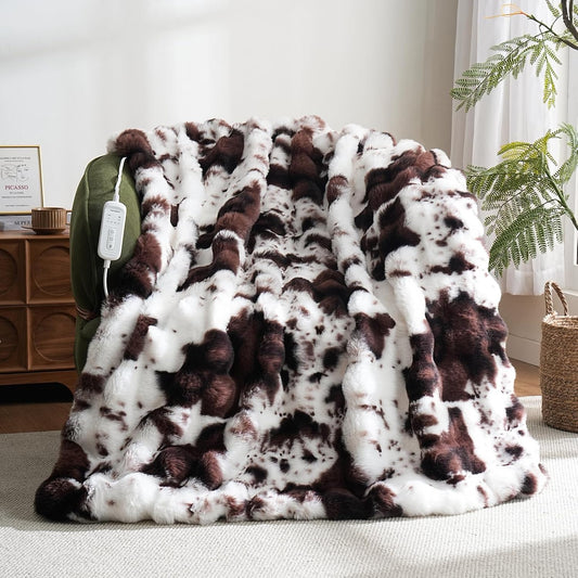 Cow Print Heating Throw Blankets Luxurious Western Soft Bubble Faux Rabbit Fur 8 Heat Settings Overheat Protection Quick Heating Electric Heated Blanket 50"x60"(Brown)