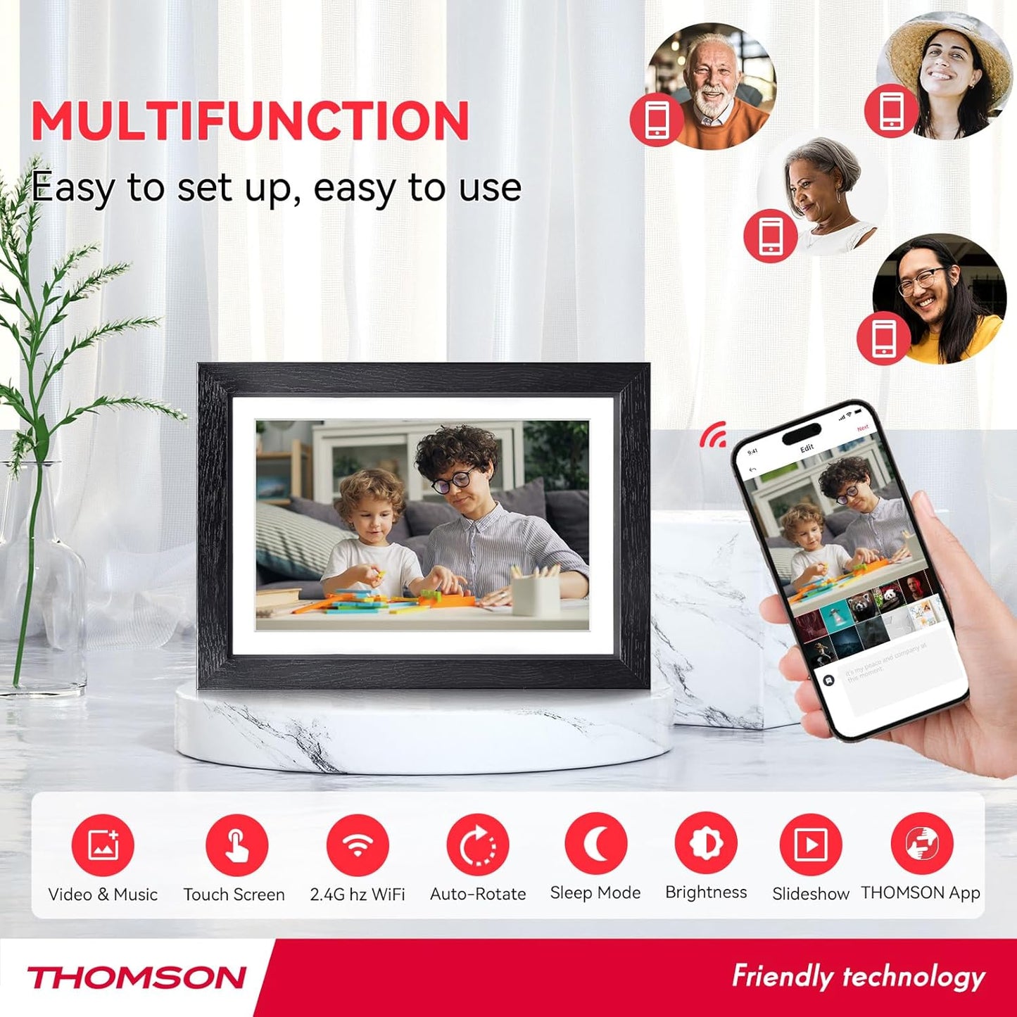 THOMSON Digital Picture Frame, Digital Photo Frame WiFi with 32 GB, HD IPS Touch Screen, Auto-Rotate, Slideshow, Share Photos/Videos from Phone by App (10.1Inch Wood)