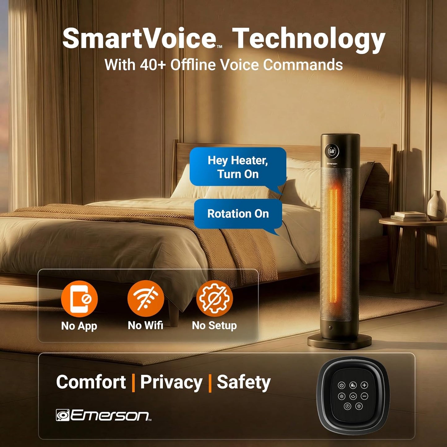 Emerson SmartVoice 32" Tower - Space Heater, Offline 40+ Voice Control Commands, No APP, No WIFI, No Setup, 1500W Heating, 65° oscillation, 9-Hr Sleep Timer, w/Remote Control