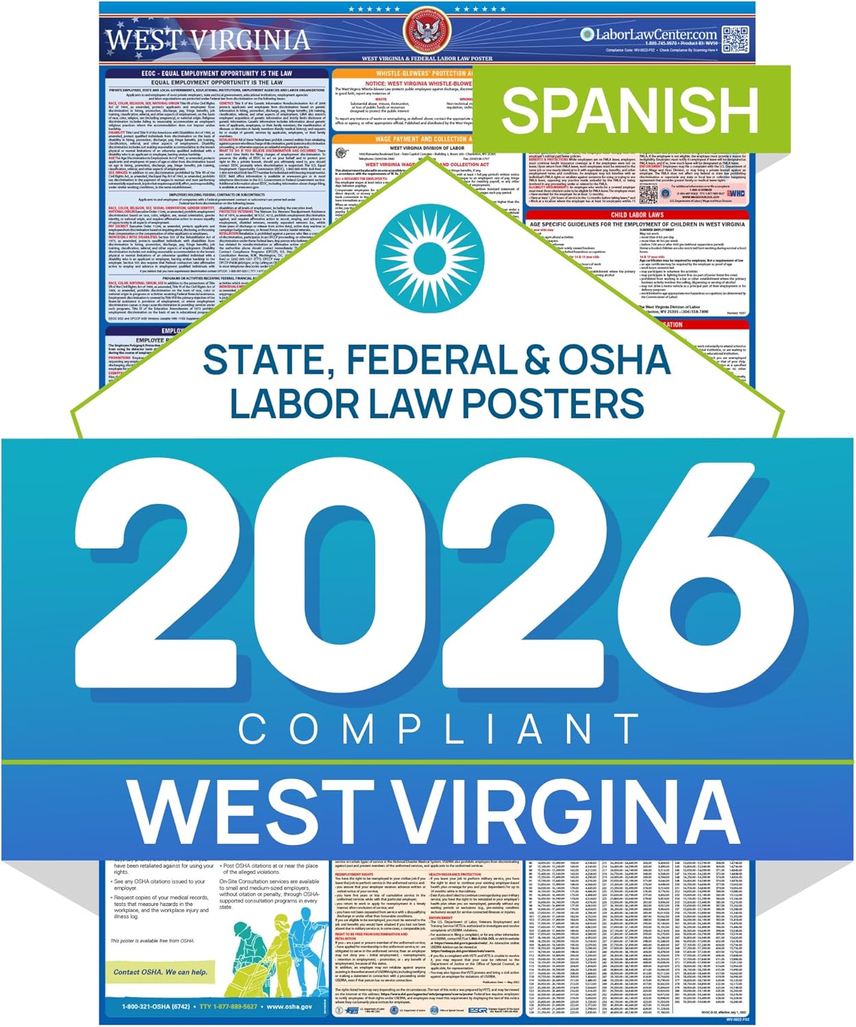 2026 West Virginia Labor Law Poster – State & Federal Compliance in Spanish – OSHA, EEOC, FMLA, Minimum Wage – Durable, Laminated & Waterproof Workplace Employment Poster – Made in USA – 26” x 39.5”