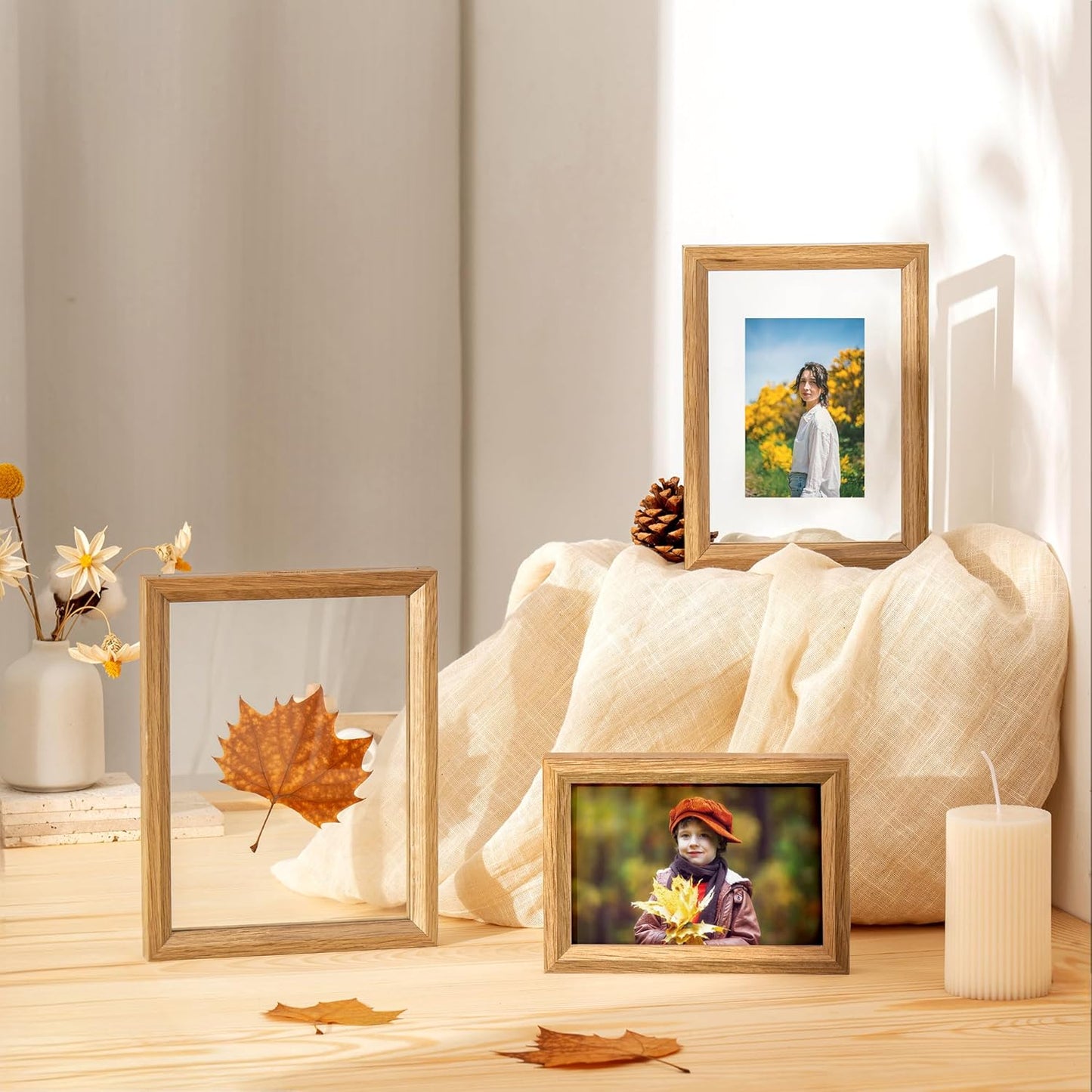 Axeman 4x6 Floating Picture Frame - Solid Oak Wood Picture Frame, Double Tempered Glass Photo Frame 2x3 3.5x5 4''x6'' Wood Frame, Wall Mount Or Tabletop Standing, Natural