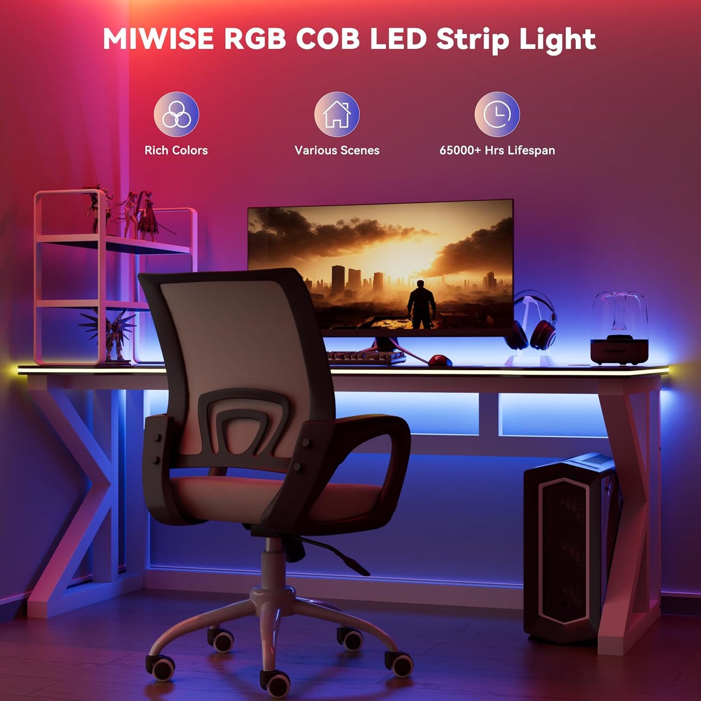 MIWISE RGB COB LED Strip Light 9.84ft/3m,Color Changing Dimmable Strip Light DC24V,Multicolor Flexible Tape Light 10mm Width,for TV,Bedroom,Party DIY Decoration(Power Supply & Controller NOT Included)
