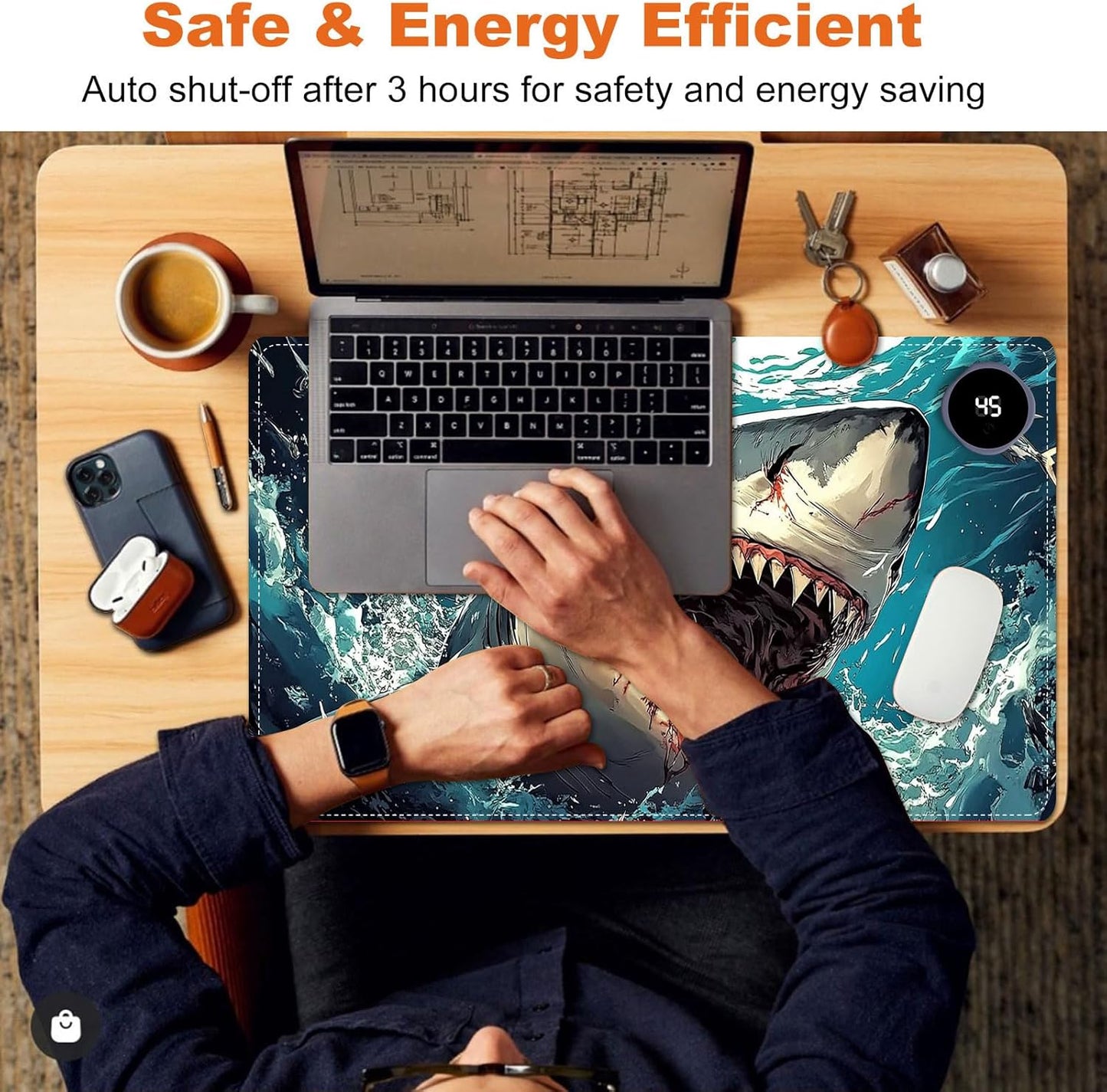 Small Heated Desk Pad 23.6" x 14.2" – Compact Electric Mouse Pad with 3 Heating Levels, Auto Shut-Off, Waterproof PU Surface, Plug-in Warmer for Office or Home Use, Angry Shark