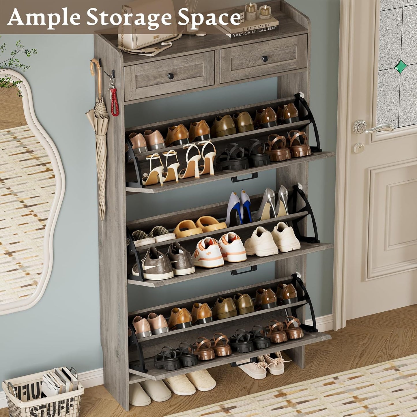Shoe Storage Cabinet for Entryway, Farmhouse Narrow Shoe Cabinet with 3 Flip Drawers & 2 Top Drawers, Adjustable Shelves & Hooks, Freestanding Hidden Rack Organizer for Hallway, Foyer