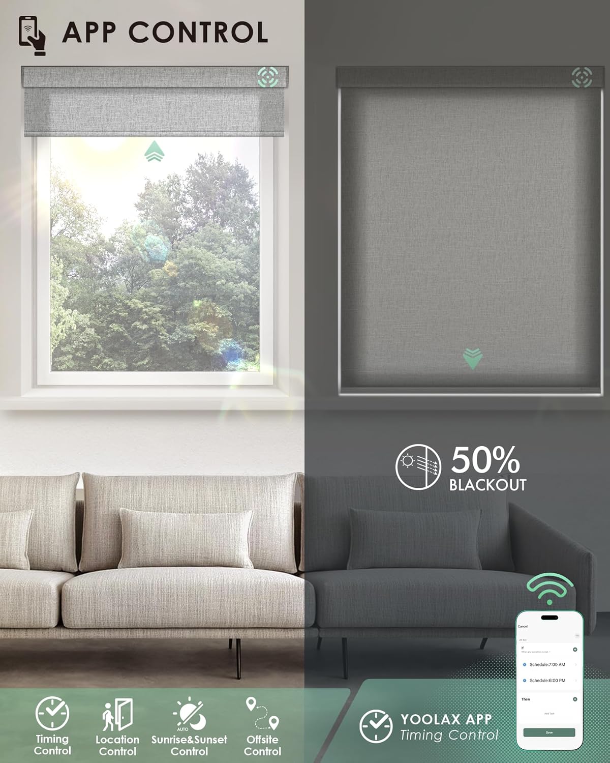 Yoolax Motorized Blinds with Remote, Light Filtering Smart Blinds Compatible with Alexa Google Home, Automatic Shades for Windows Living Room, Custom Size (50% Blackout V-Shimmer Light Gray)