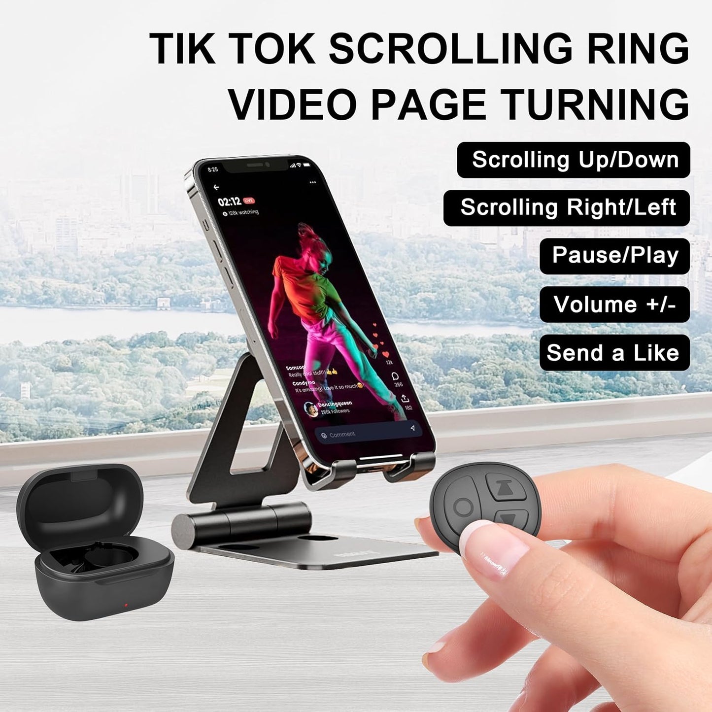 TikTok Scrolling Ring Bluetooth Camera Remote Control Page Turner for iPhone iPad Android Tablet Ebook Reading Scrolling Ring for iPhone TikTok (Graphite Black with Charging Case)