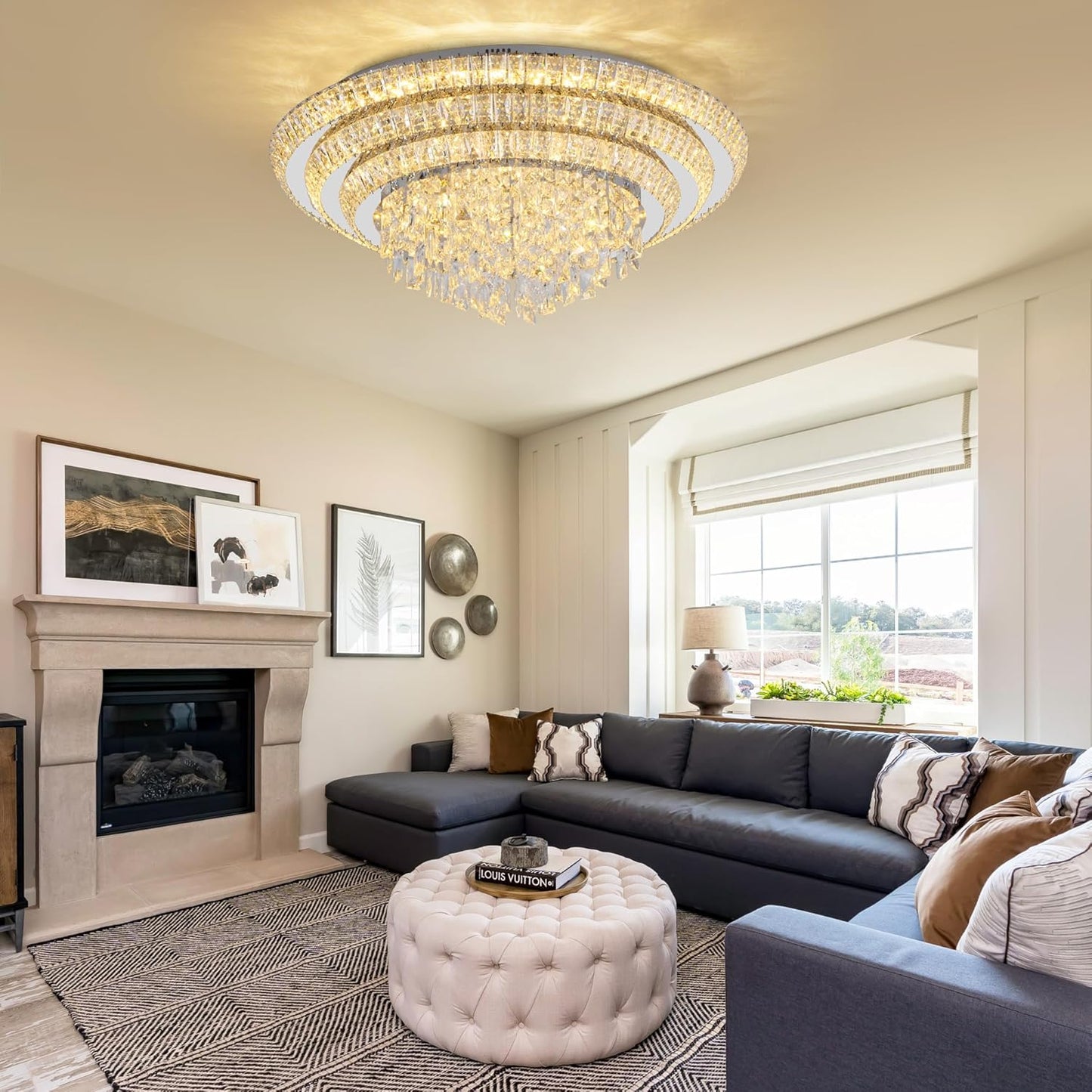 COCOSTAR 30 inch Flush Mount Crystal Chandeliers with Remote and APP, Modern Elegant LED Crystal Raindrop Ceiling Light Fixture, 3CCT Dimmable, for Living Room Kitchen Island Bedroom Entryway Foyer