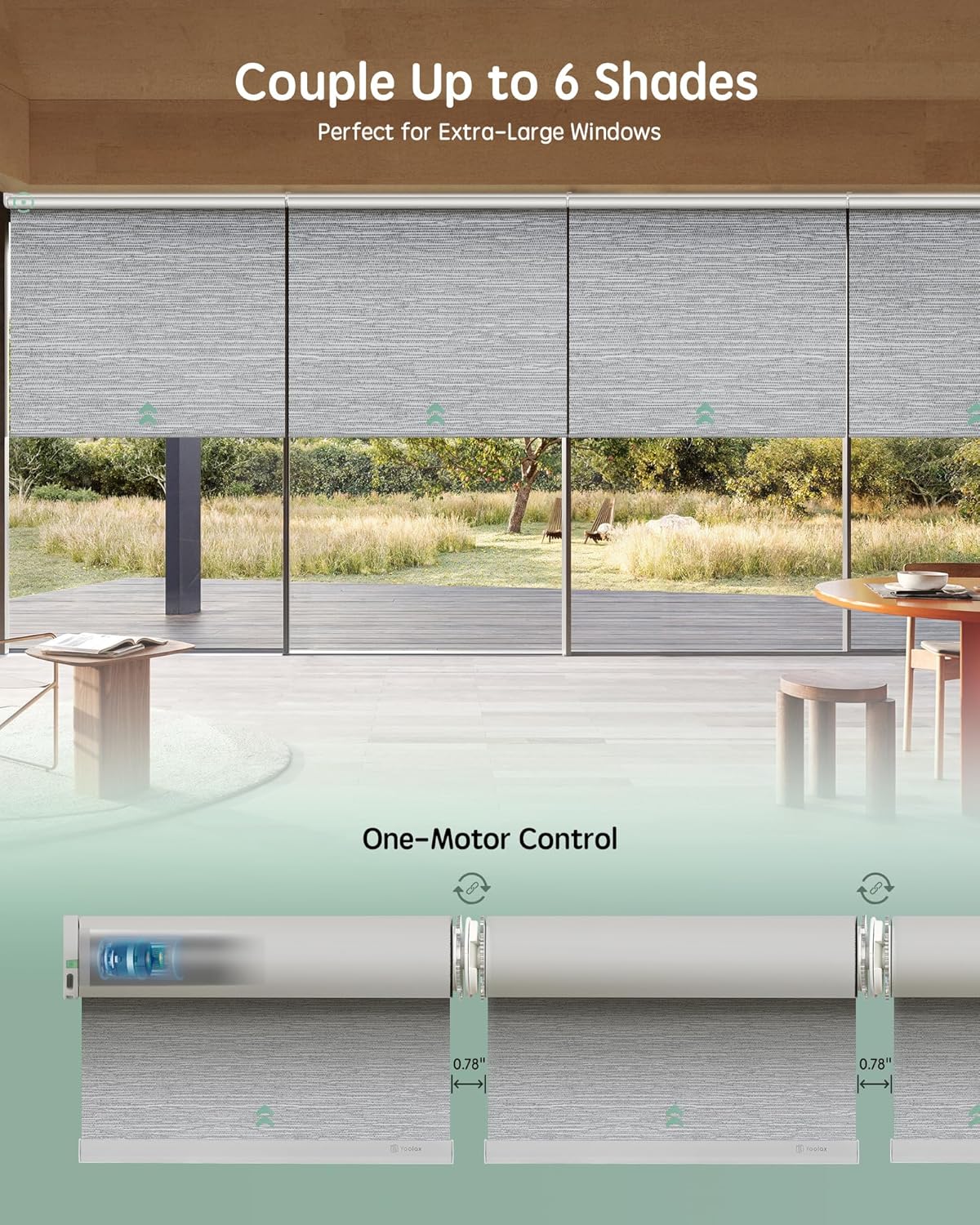 Yoolax Smart Coupled Roller Shades Compatible with Alexa Google, Motorized Blinds with Remote Blackout Coupled Roller Shades for X-Large Windows, Custom Size (XL Coupled-Foggy Gray)