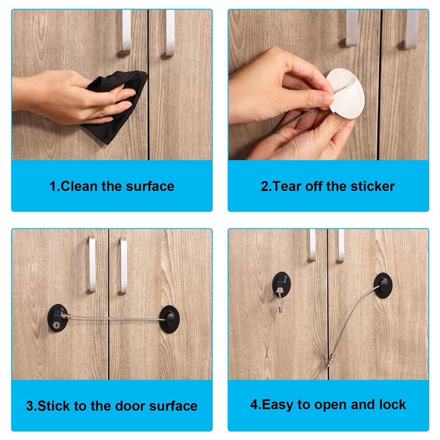 Hotop 4 Pack Cabinet Locks with Keys Mini Fridge Refrigerator Locks for Kids Toddlers Self Adhesive Child and Baby Proofing Safety for Deep Freezer Drawers Doors Latch(Black)