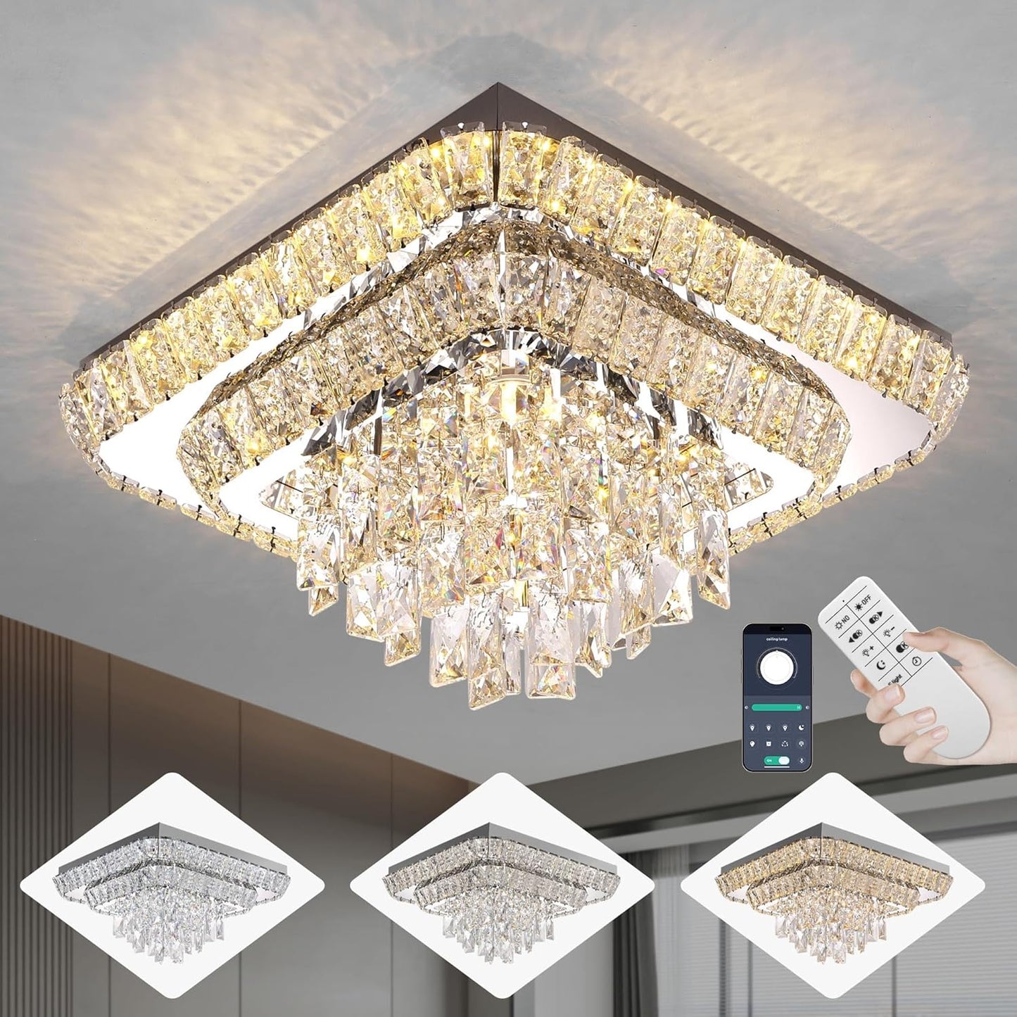 Elegant LED Crystal Raindrop Ceiling Light,18in Square Flush Mount Chandelier with Remote for Living Room Kitchen Island Bedroom Hallway Entryway Foyer (Dimmable)