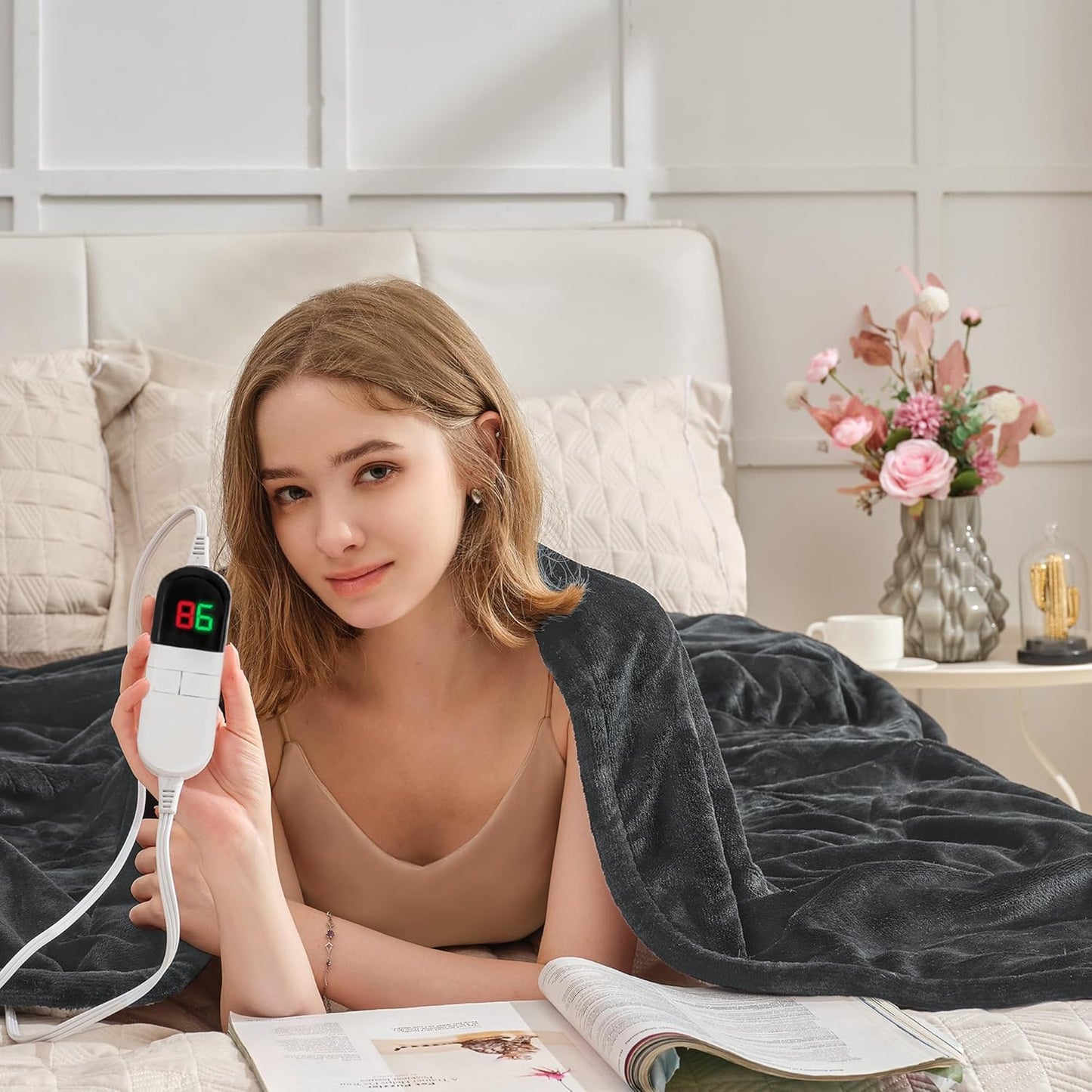 Heated Blanket King 90"×100" - Premium Cosy Soft Electric Blanket with 6 Heating Levels,Dual Control Fast Heating Flannel Sherpa Blanket for Bed & Couch,Auto Shut Off/Machine Washable (Grey)