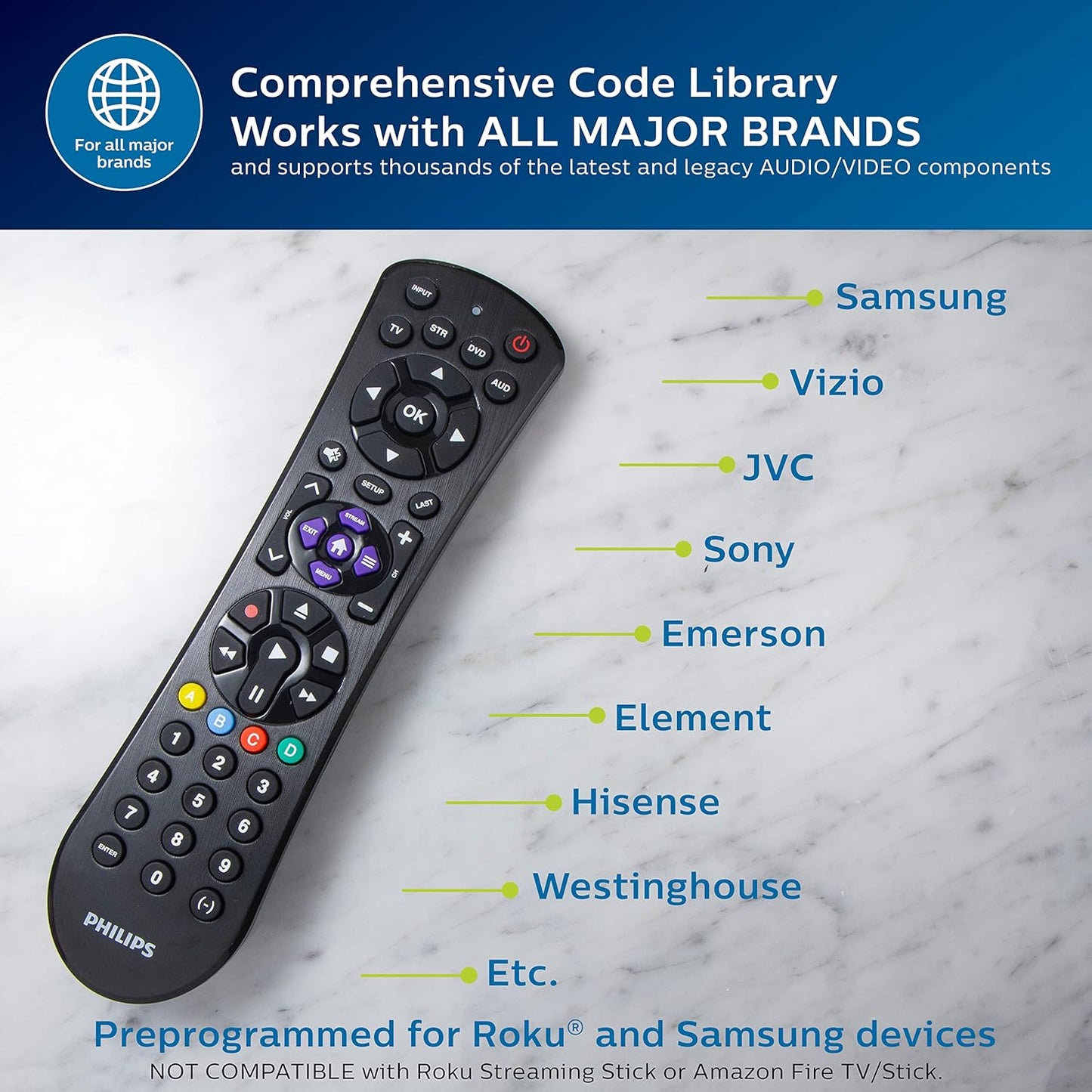 Philips Universal Remote Control for Samsung, Vizio, LG, Sony, Sharp, Roku, Apple TV, RCA, Panasonic, Smart TVs, Streaming Players, Blu-ray, DVD, Simple Setup, 4-Device, Black, SRP9243B/27