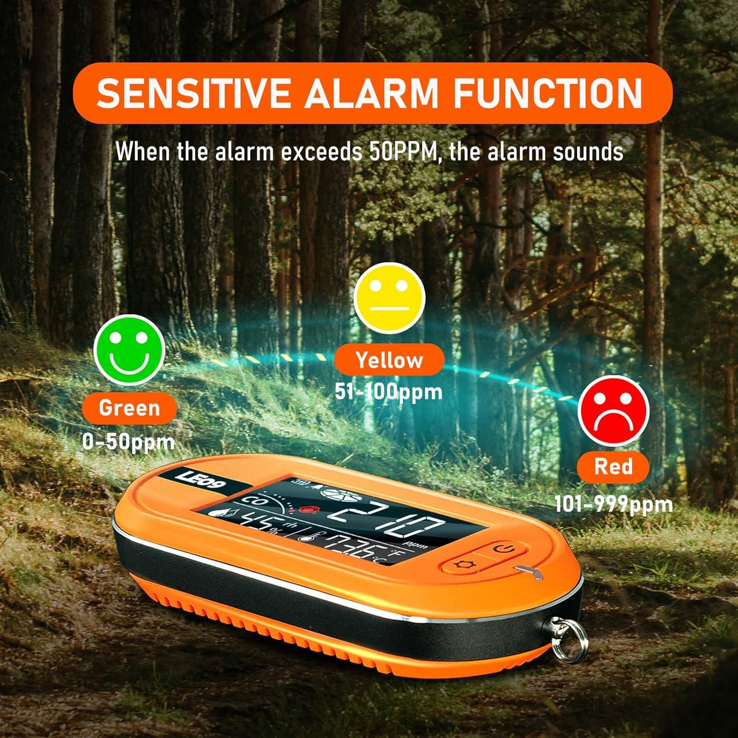 Portable Carbon Monoxide Detectors Support 500-hour Standby Time, 3-in-1 CO Detector (Temp, Humidity, and CO), Alarm Function, Lanyard Design for Camping Travel Car RV