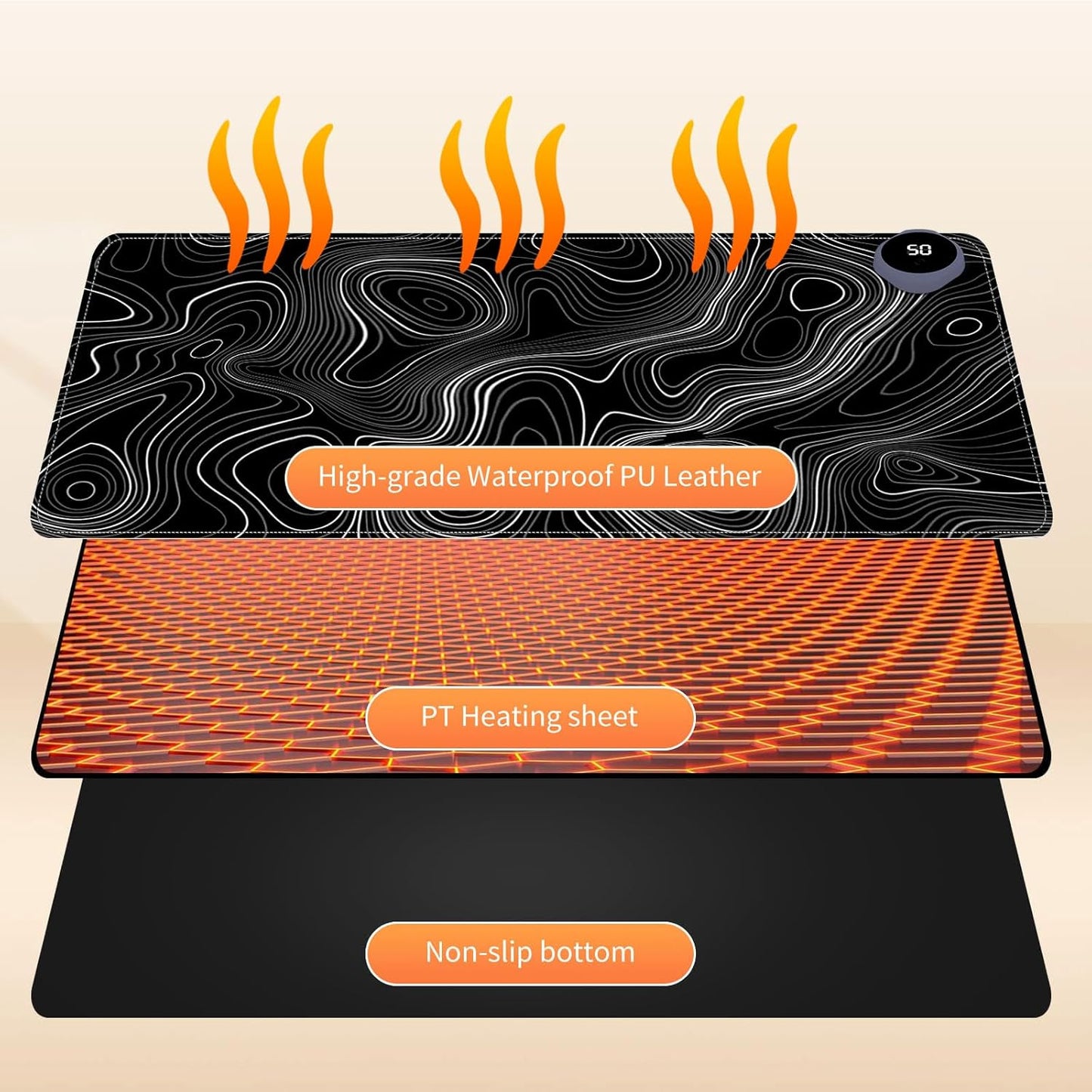 Small Heated Desk Pad 23.6" x 14.2" – Compact Electric Mouse Pad with 3 Heating Levels, Auto Shut-Off, Waterproof PU Surface, Plug-in Warmer for Office or Home Use, Topographic Lines