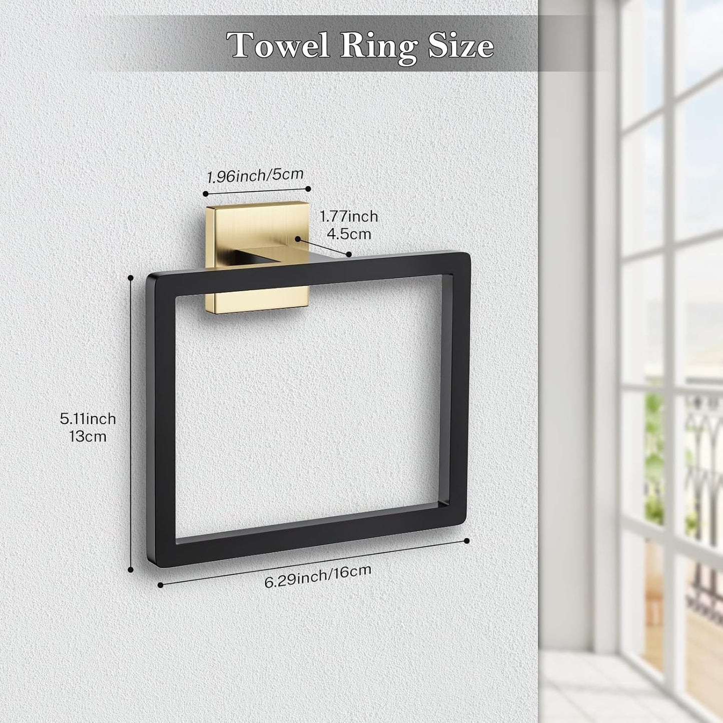 Black and Gold Towel Ring Square Hand Towel Holder Towel Hanger Bathroom Hardware Accessories Stainless Steel Wall-Mounted Towel Rack