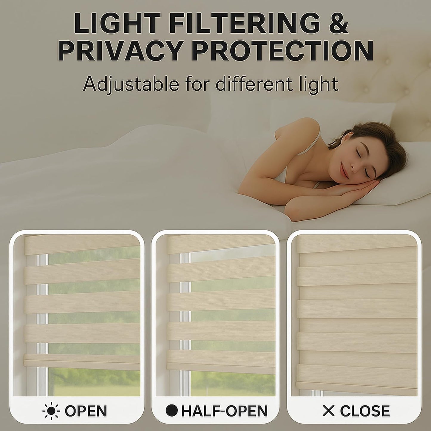ShadesU Cordless Zebra Blinds for Windows, 32.5" W x 72" H, Cream, Dual Layer Free-Stop Zebra Shades, Light Control for Day and Night, Sheer Blinds for Indoor Windows, Bedroom, Kitchen