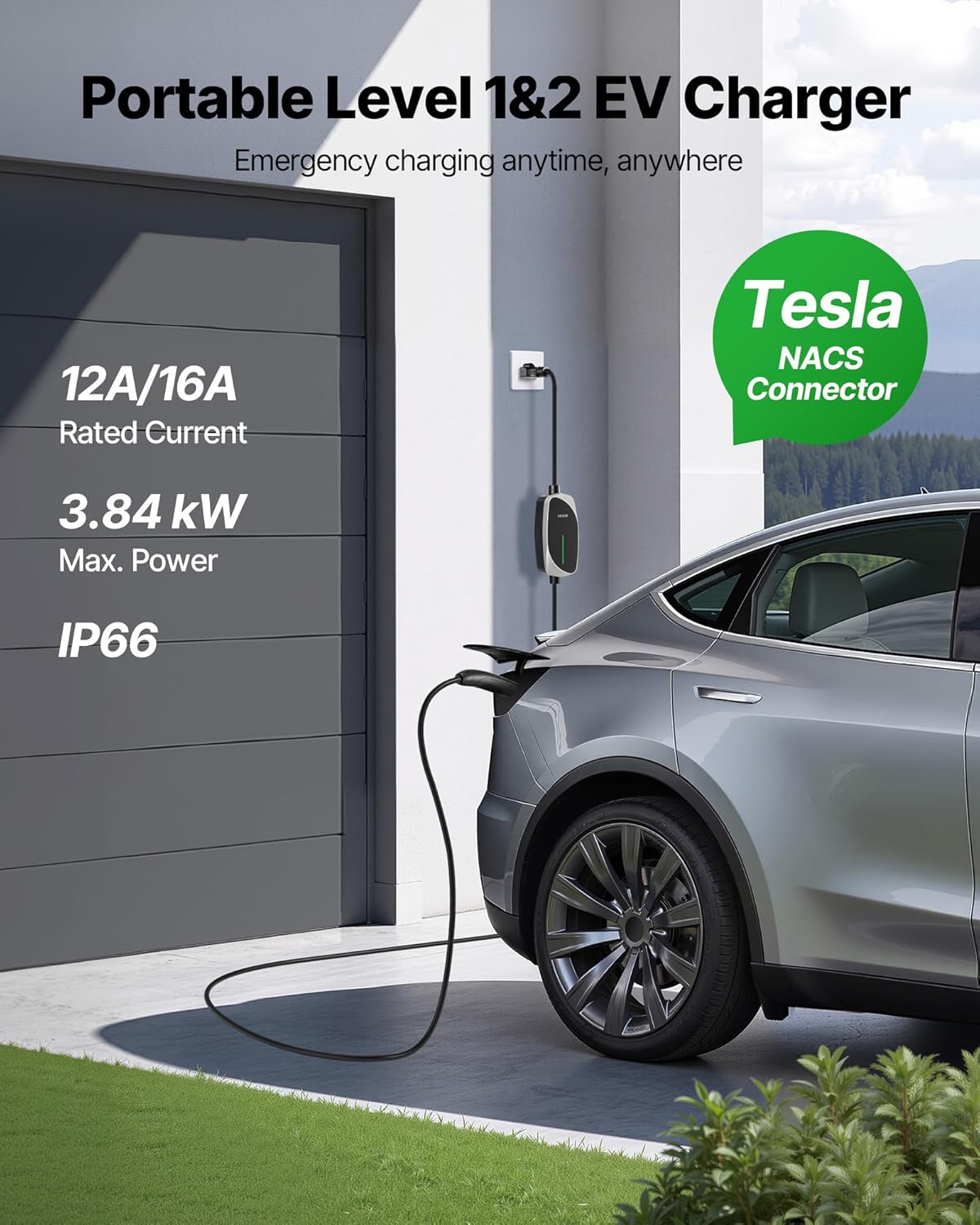 VEVOR Level 1/2 Tesla Charger, 16 Amp, Portable Electric Car EV Charger with 25 ft Charging Cable, 120V-240V, NEMA 6-20P Plug NEMA 5-15 Adapter, LED Indicator, NACS Connector for Tesla Model Y/X/3/S