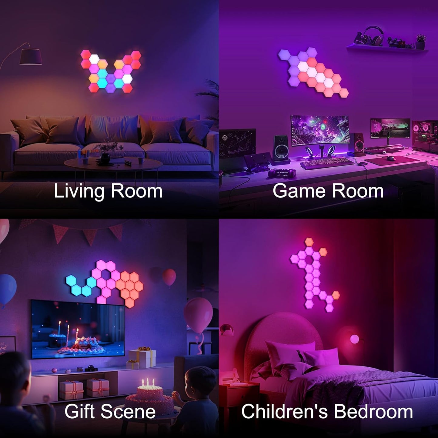 Hexagon LED Lights 12 Pack - RGB Wall Panels with Music Sync, Smart App & Remote Control, DIY Modular Hex Light for Gaming Room, Bedroom, Living Room, Wall Decor