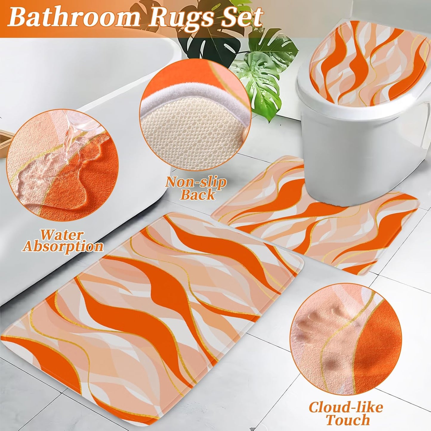 Bathroom Set - Orange and Gold Bathroom Accessories, Bathroom Sets with Shower Curtain and Rugs, Orange Shower Curtain Set with Bathroom Trash Can, Soap Dispenser, Soap Dish for Home Decor
