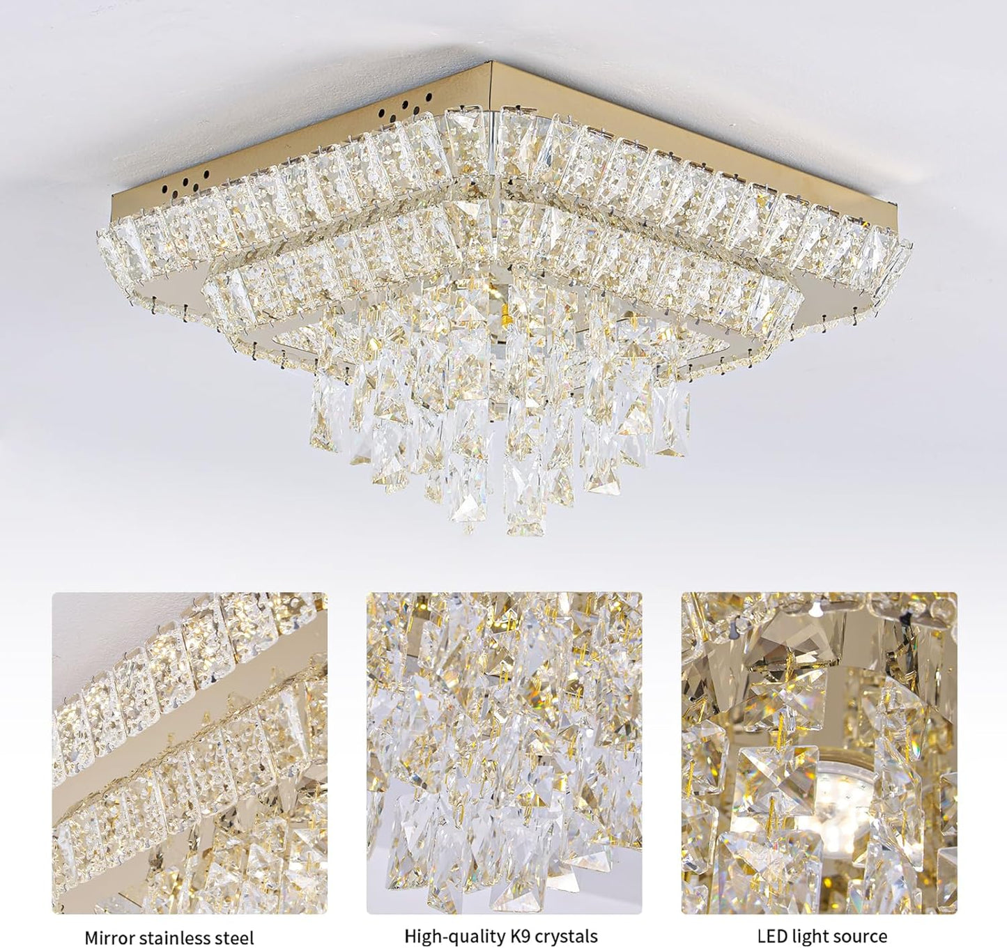 Elegant LED Gold Crystal Raindrop Ceiling Light,18 Inch Square Flush Mount Chandelier with Remote for Living Room Kitchen Island Bedroom Hallway Entryway Foyer (Dimmable)