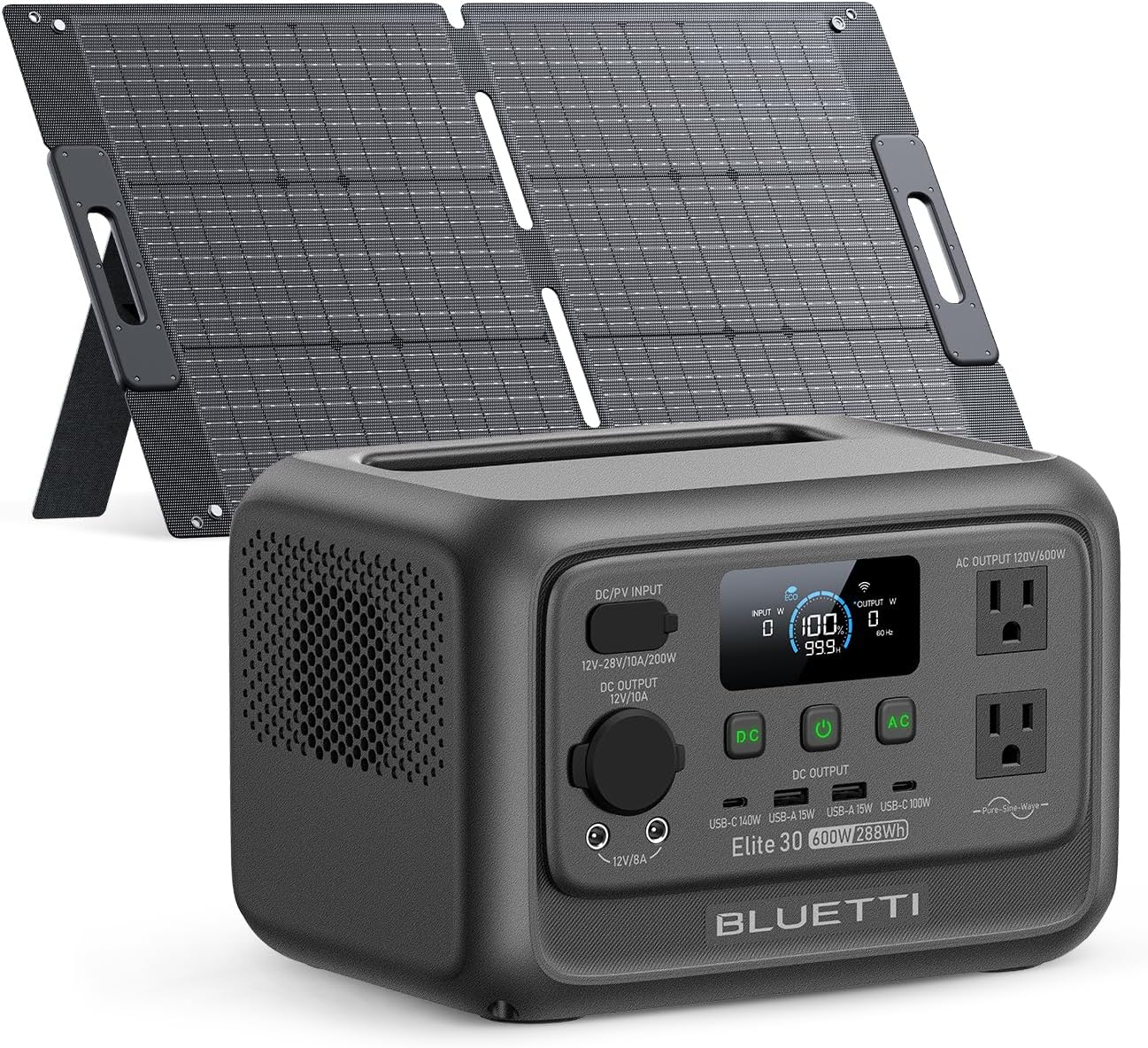 BLUETTI Elite 30 V2 Solar Generator with 100W Solar Panel (Ships Separately), 288Wh LiFePO4 Portable Power Station, 600W AC Outlets (1500W Power Lifting), for Camping, Home Use, Emergency
