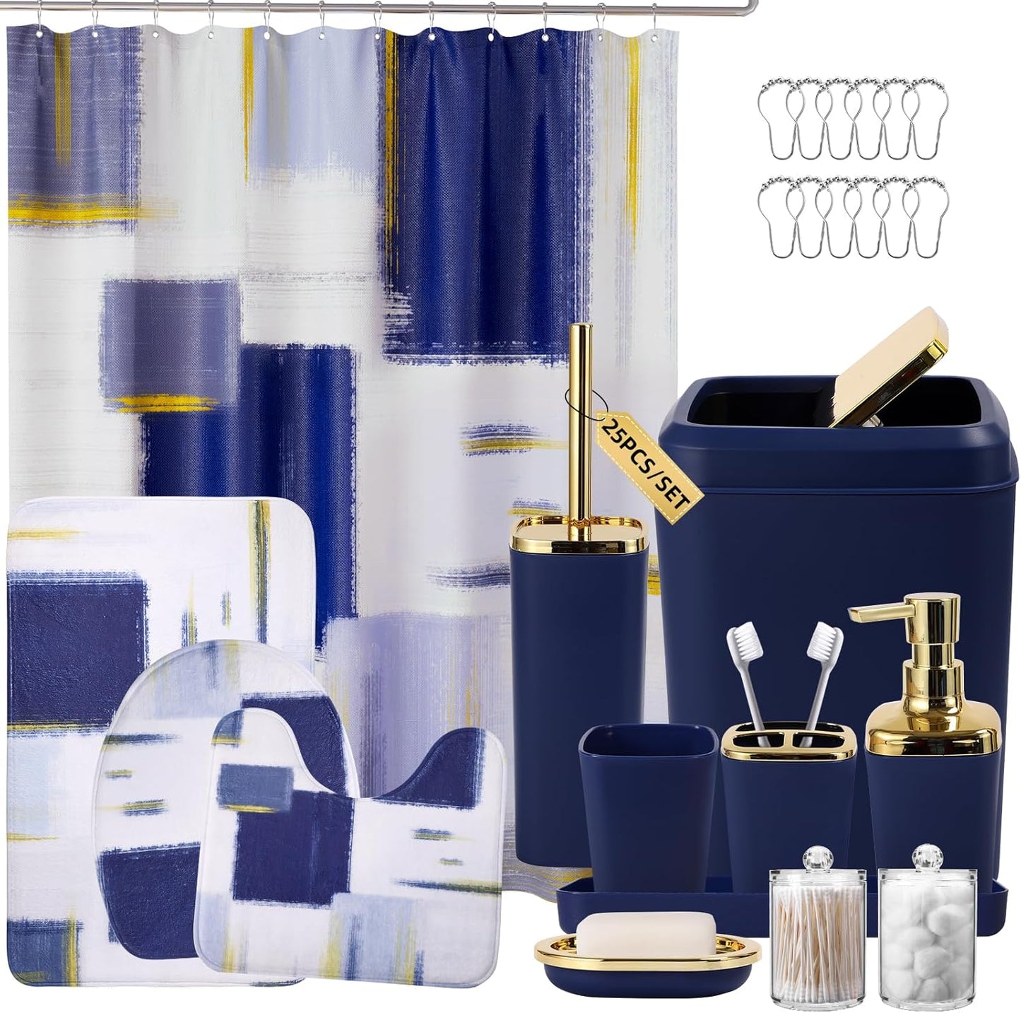 Bathroom Set - Navy Blue and Gold Bathroom Accessories Set, Bathroom Sets with Shower Curtain and Rugs, Blue Shower Curtain Set with Bathroom Trash Can, Soap Dispenser,Soap Dish for Home Decor
