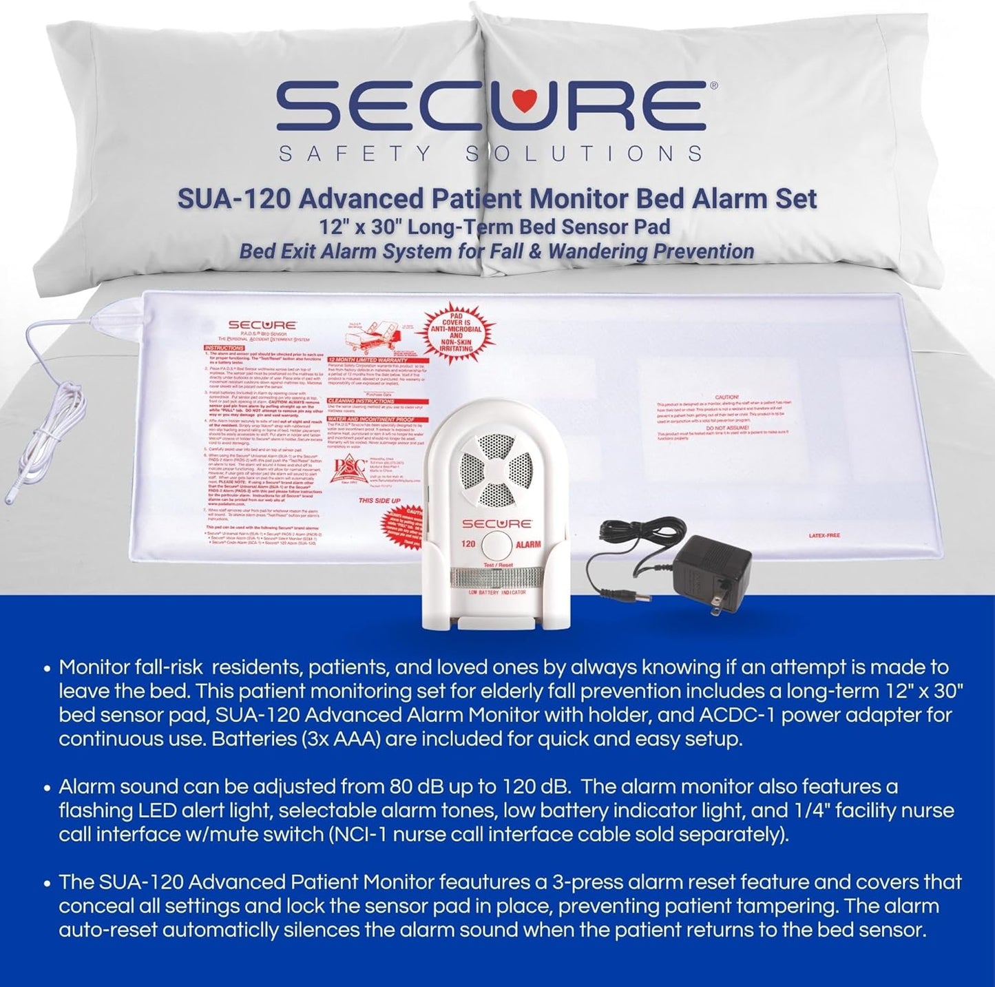 Secure Bed Alarm for Elderly Adults - Long-Term 12 x 30 in. Pressure Sensor Pad, 120 dB Caregiver Alert Monitor & Power Adapter - Smart and Reliable Fall Prevention for Seniors, Dementia Patients