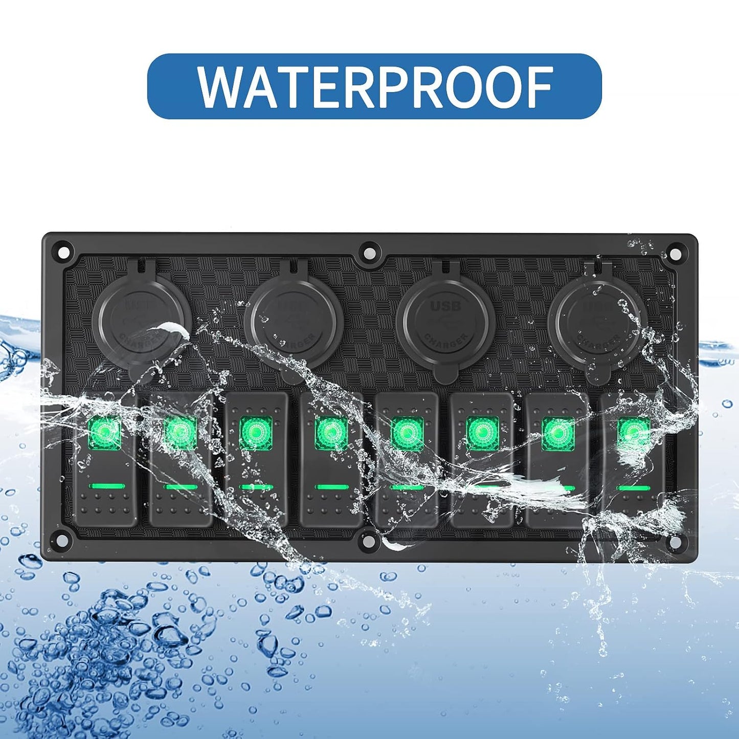 8 Gang Rocker Switch Panel, 3.1A Dual USB Charger Socket with Multi-Function LED Digital Voltmeter, 12/24V Wired Toggle Switch Panel for Automotive Cars Marine Boats RVs(Green)