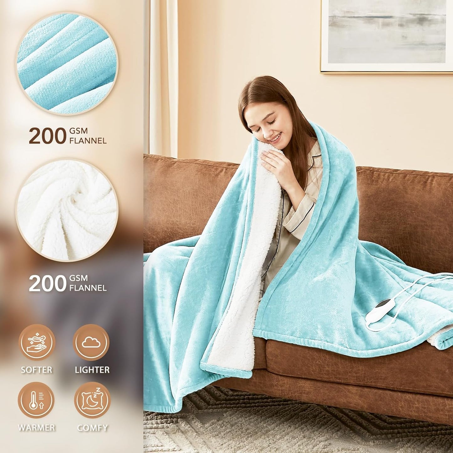 Homemate Electric Heated Blanket King Size - 100"x90" Heating Blanket King Size Dual Control 1/2/4/6/8 Hours Auto-Off 10 Heat Level Over-Heat Protection Flannel Sherpa ETL Certification