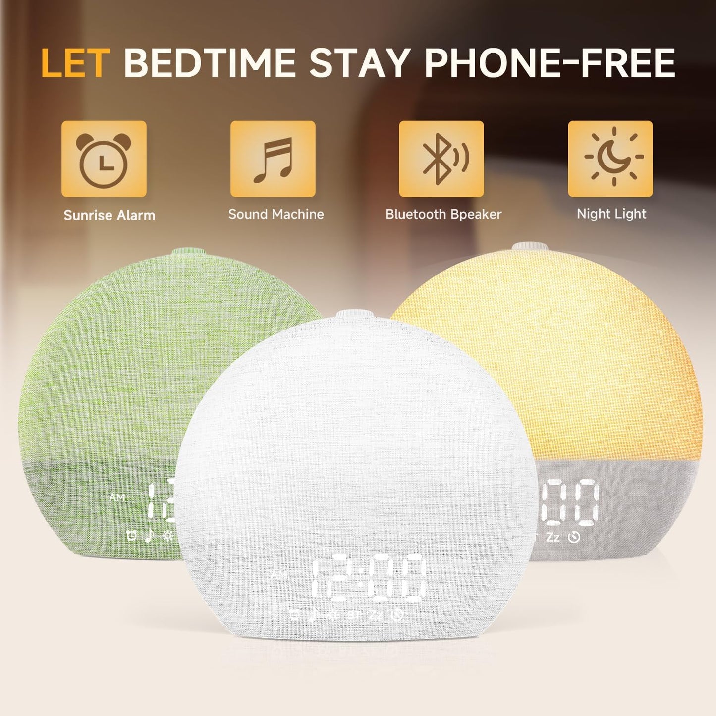 Sunrise Alarm Clock White Noise Sound Machine for Bedroom | Natural Wake-Up Light with 30 Soothing Sleep Aids, Bluetooth Speaker, Dimmable Clock, Screen-Free Design for Baby Adults Kids-White