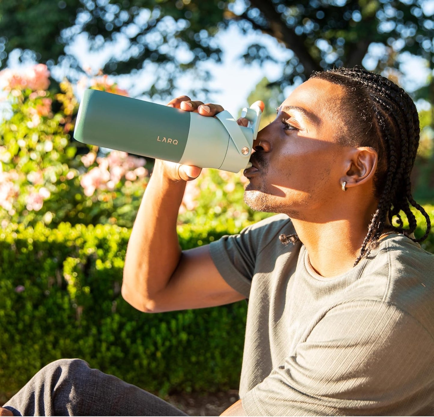 LARQ Bottle Swig Top 34oz - Insulated Stainless Steel Water Bottle With Built-In Silicone Handle | BPA Free | Reusable Water Bottle for Sports, Gym, and Travel, Eucalyptus Green