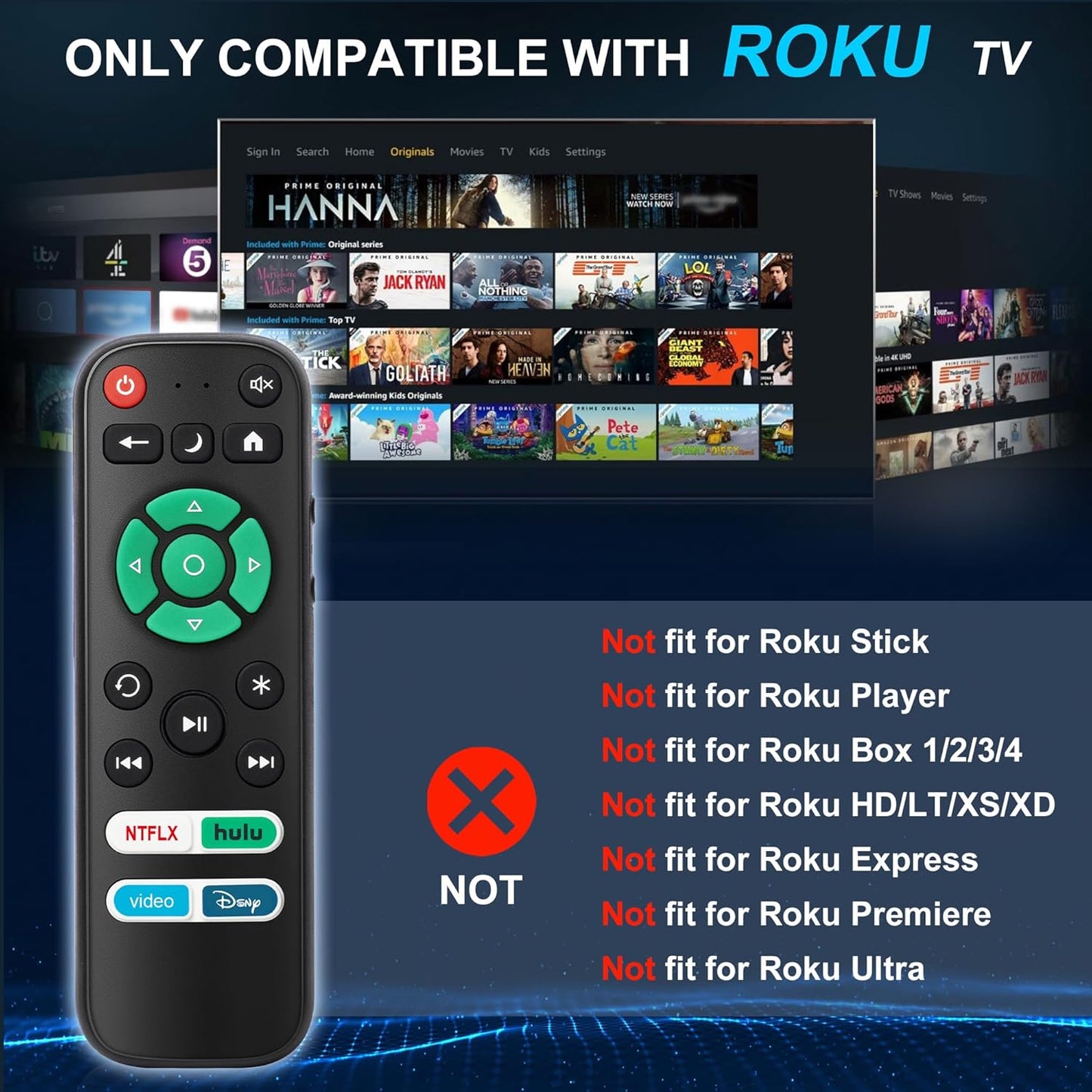 2 Pack Replacement Remote Control Only for Roku TV, Fit for TCL/Onn/Hisense/Element/Sharp/Philips/Westinghouse/Insignia/JVC/RCA/Hitachi/Sanyo Roku TV (Not for Roku Stick and Box)