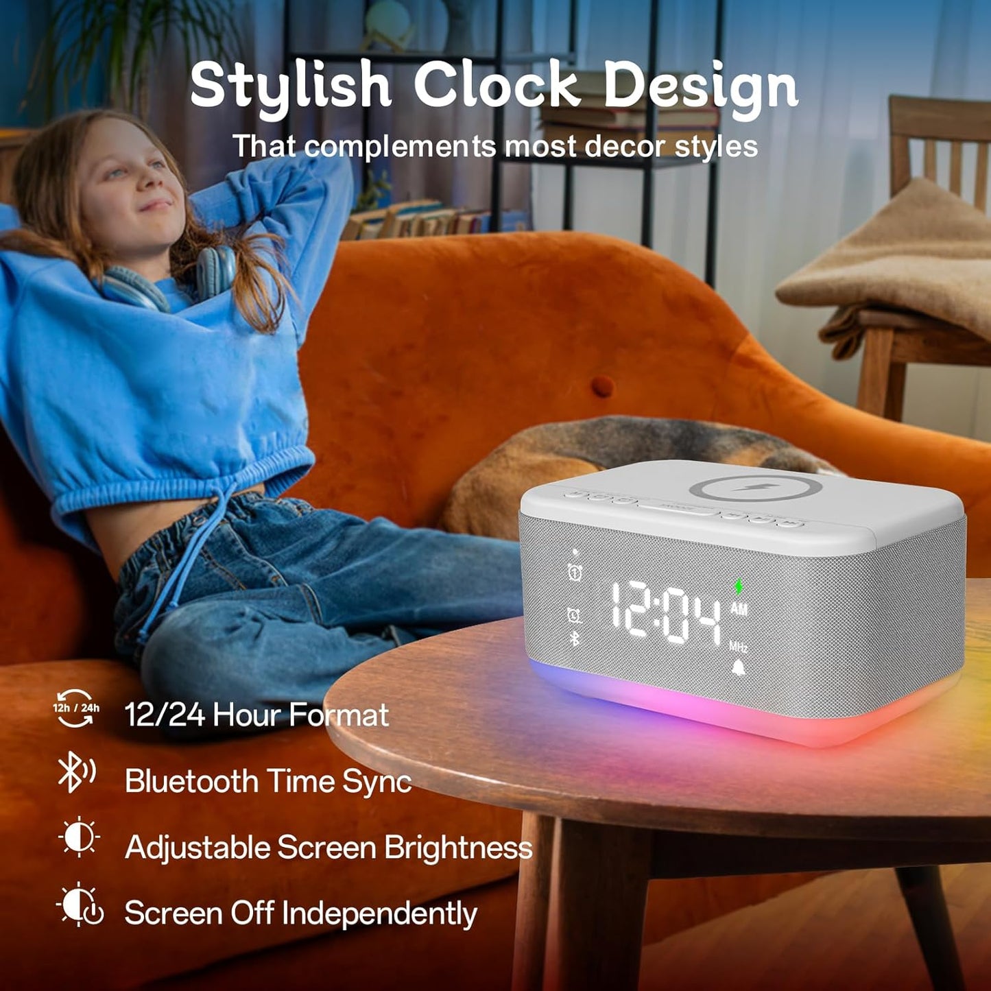 Bluetooth Alarm Clock Radio Bedroom, Digital Dual Alarm Clock Bedroom, Up to 10 Alarms Clock Night Light Speaker App/Button Control FM Charge Snooze Adjustable Volume Dim 12/24H, Grey