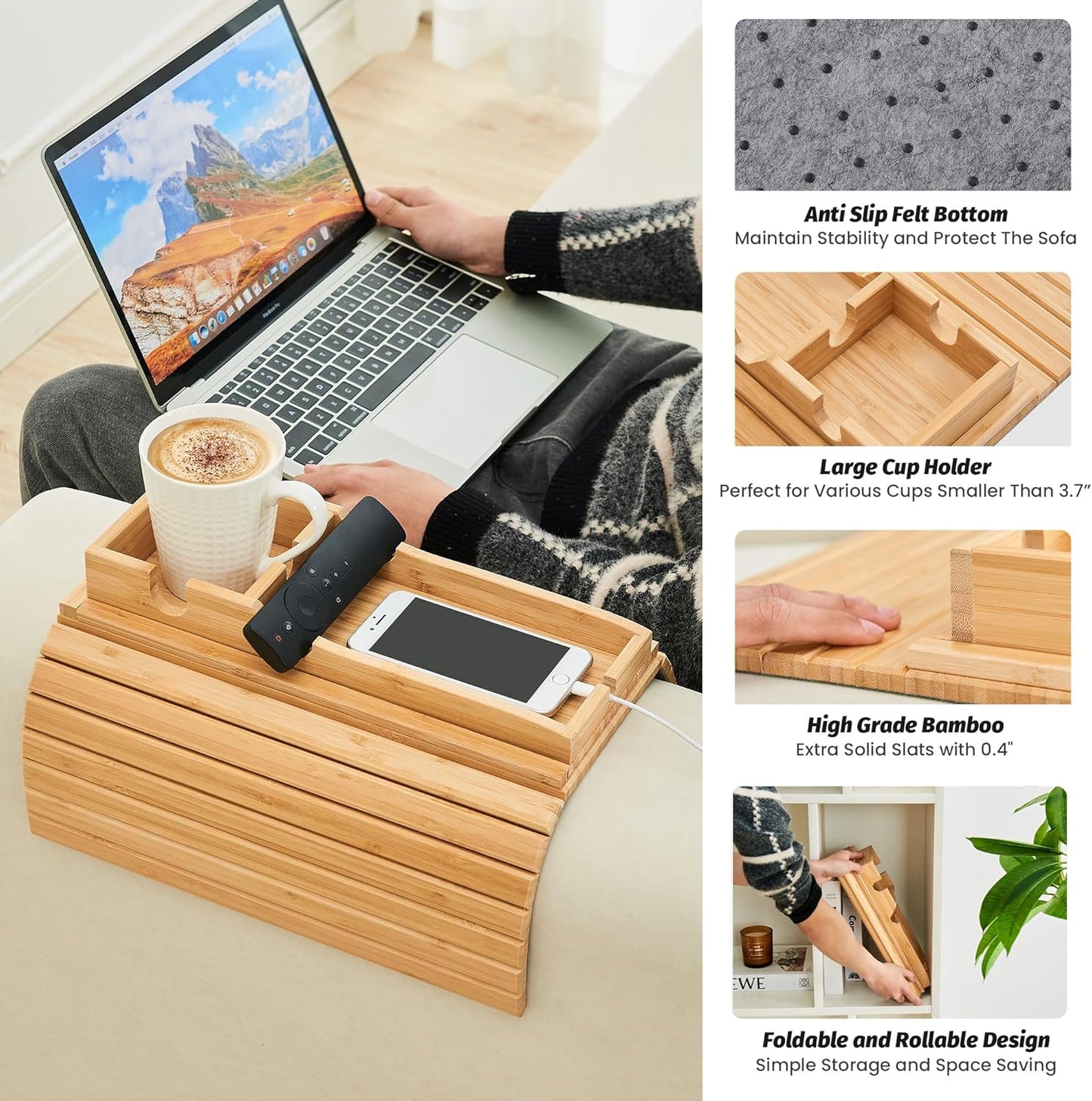 GEHE Detachable Couch Cup Holder, Anti Falling Sofa Arm Tray, Natural Bamboo Sofa Cup Holder More Safe for You Family, Portable Couch Arm Tray Armrest Table for Remote, Snacks, Phone, Drinks