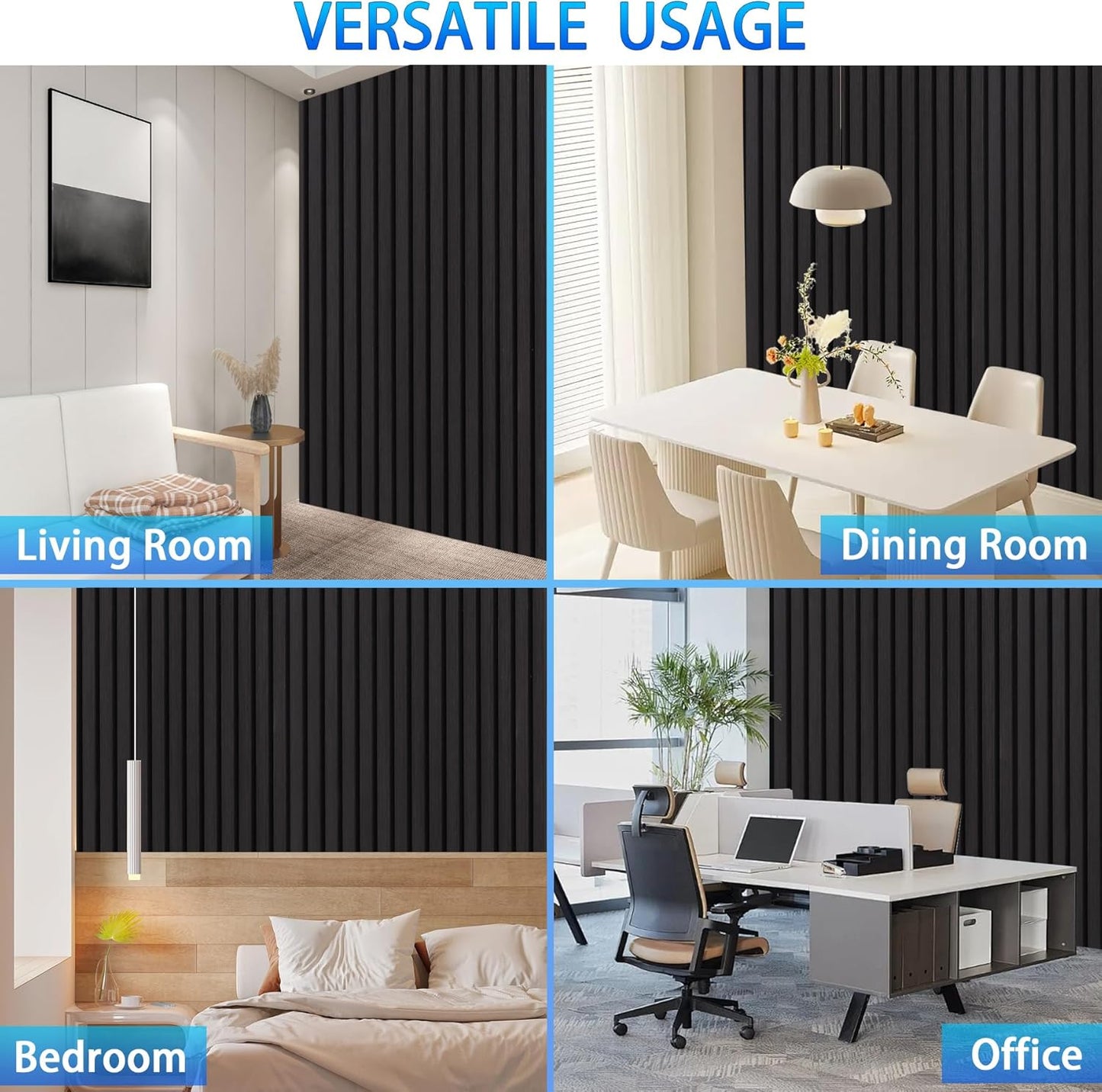 3D Slat Acoustic Wall Panels with Wood Finish Accent, 2 Pack Sound Absorbing Paneling for Studio, Office, Living Room, Bedroom Interior Decor (Matte Black, 48''L x 24''W)