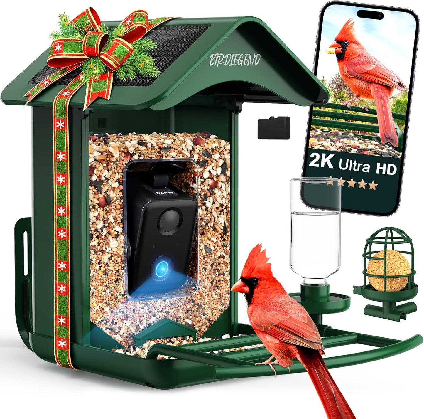 BIRDLEGEND® Bird Feeder with Camera Solar Powered, 2K Portrait Live Free AI Forever Instant Arrival Alerts with 64GB Card, Smart Camera Birds Feeders Wireless Outdoor Gift for Bird Lover, 2.4G WiFi